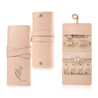 Pochette porte-bijoux personnalisée avec fleurs et nom gravés – Compacte, élégante et idéale pour les voyages | Jessemade