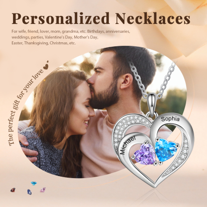 Collier en Argent S925 Coeur Personnalisés avec 2 Prénoms et Pierres de Naissance Collier Personnalisable pour Femme｜Jessemade