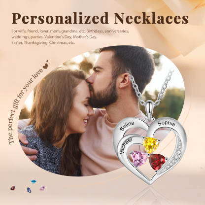 Collier en Argent S925 Coeur Personnalisés avec 3 Prénoms et Pierres de Naissance Collier Personnalisable pour Femme｜Jessemade