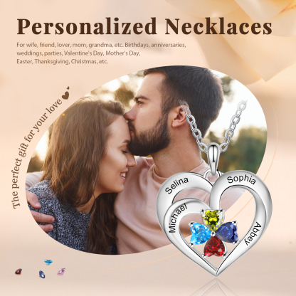 Collier en Argent S925 Coeur Personnalisés avec 4 Prénoms et Pierres de Naissance Collier Personnalisable pour Femme｜Jessemade