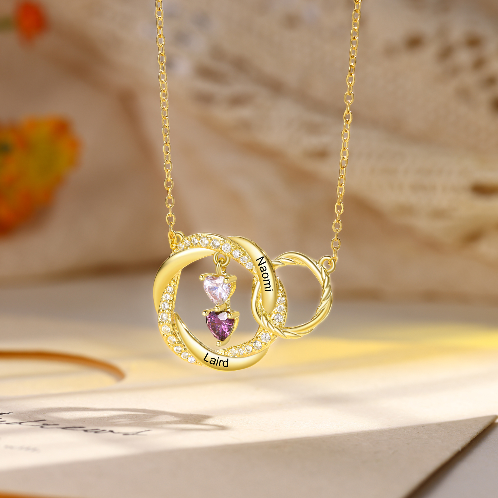 Collier Anneaux Entrelacés 2 Prénoms Personnalisés avec 2 Pierres de Naissance Collier Doré Personnalisable pour Femme｜Jessemade