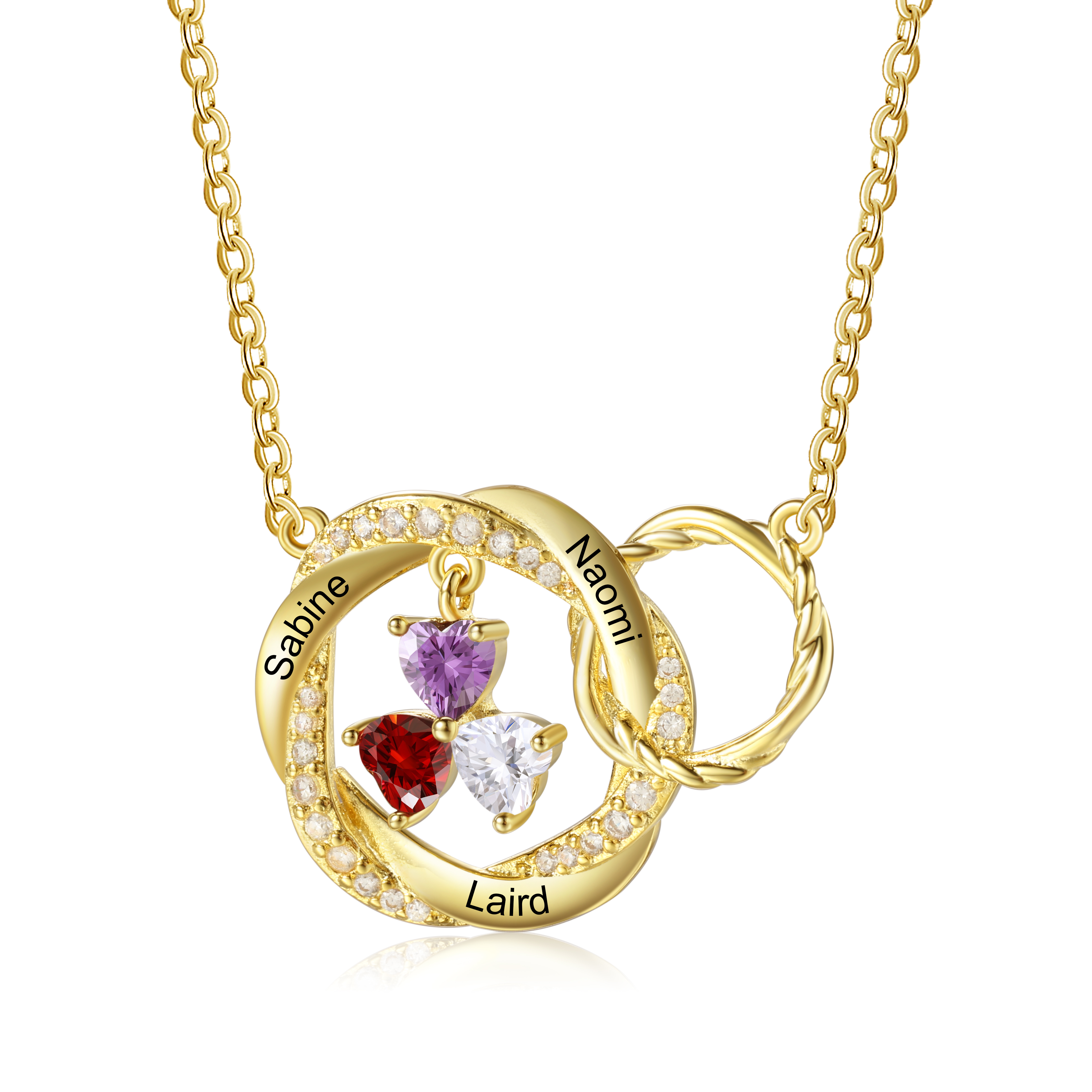 Collier Anneaux Entrelacés 3 Prénoms Personnalisés avec 3 Pierres de Naissance Collier Doré Personnalisable pour Femme｜Jessemade