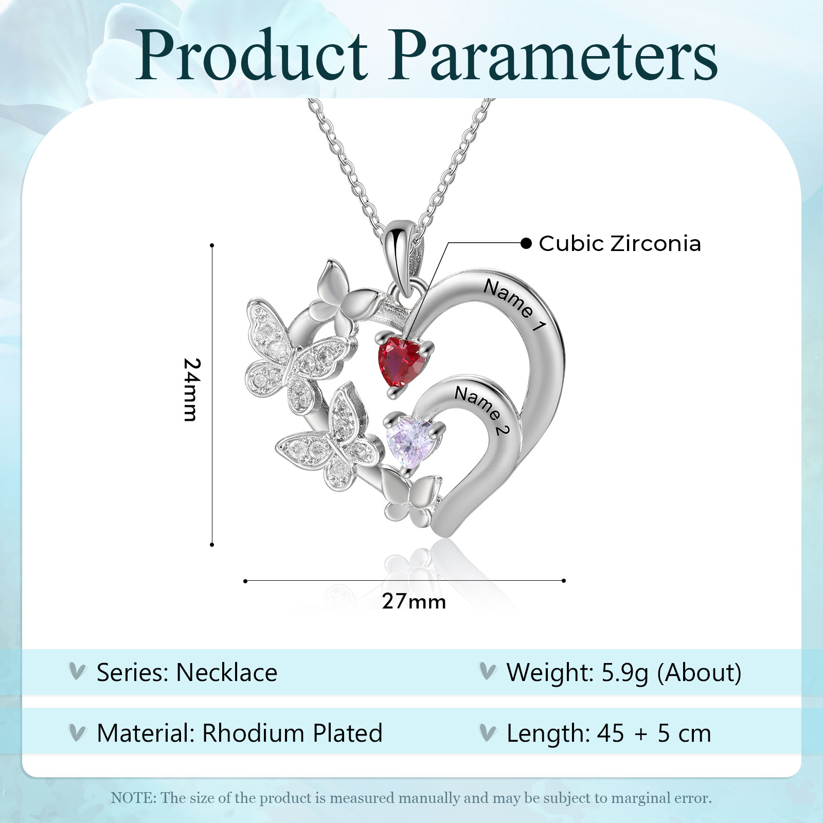 Collier Coeur Personnalisés avec 2 Prénoms et Pierres de Naissance Collier Décoré de Papillons Personnalisable pour Femme｜Jessemade