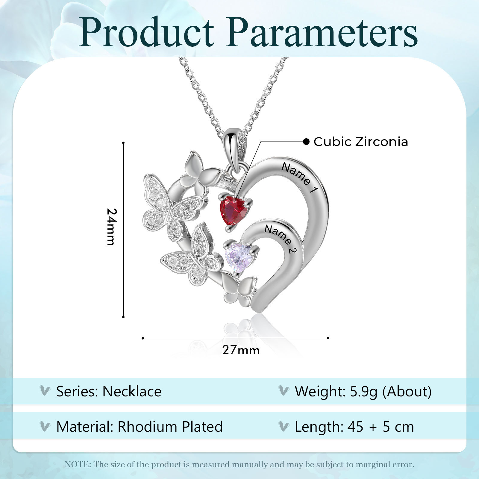 Collier Coeur Personnalisés avec 2 Prénoms et Pierres de Naissance Collier Décoré de Papillons Personnalisable pour Femme｜Jessemade