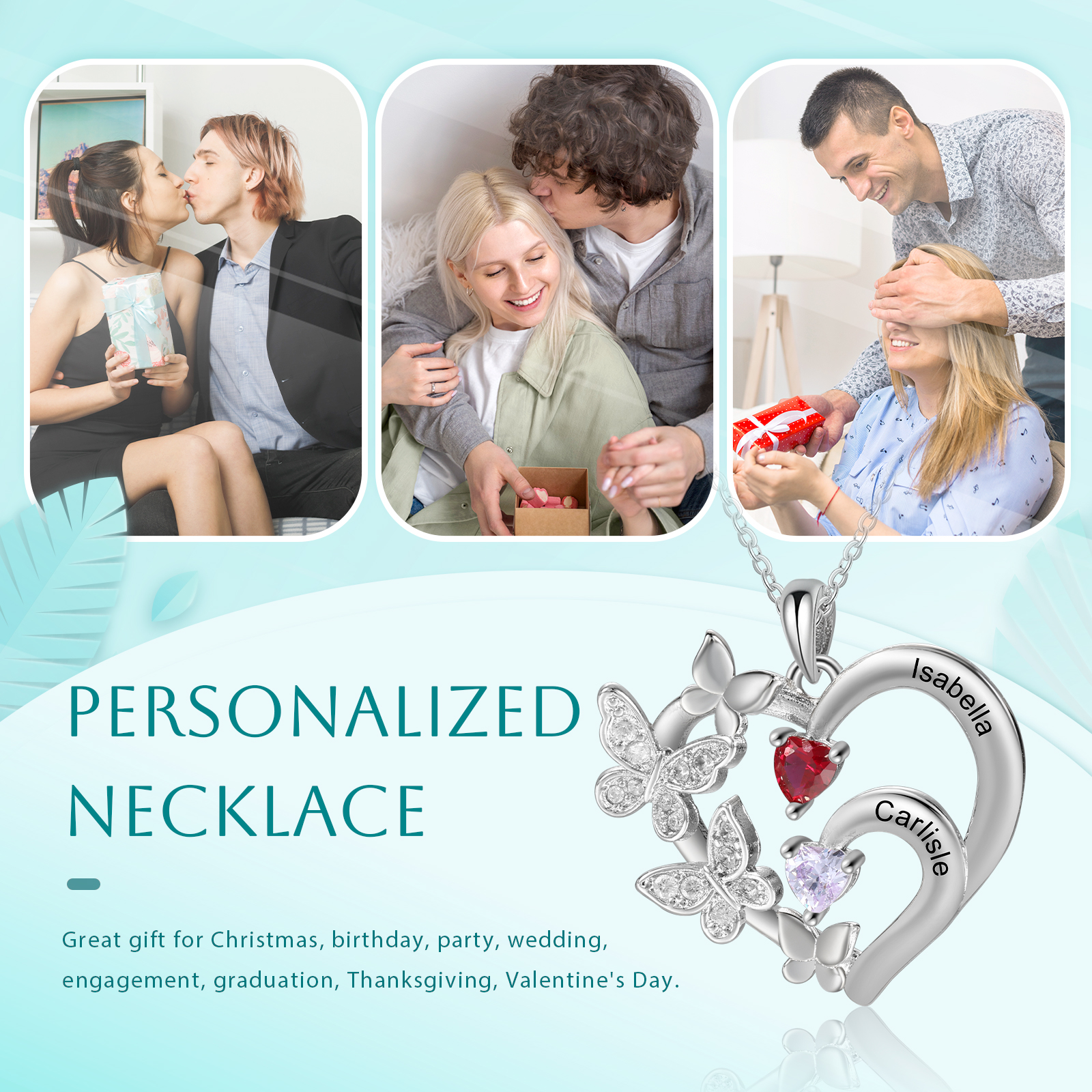 Collier Coeur Personnalisés avec 2 Prénoms et Pierres de Naissance Collier Décoré de Papillons Personnalisable pour Femme｜Jessemade