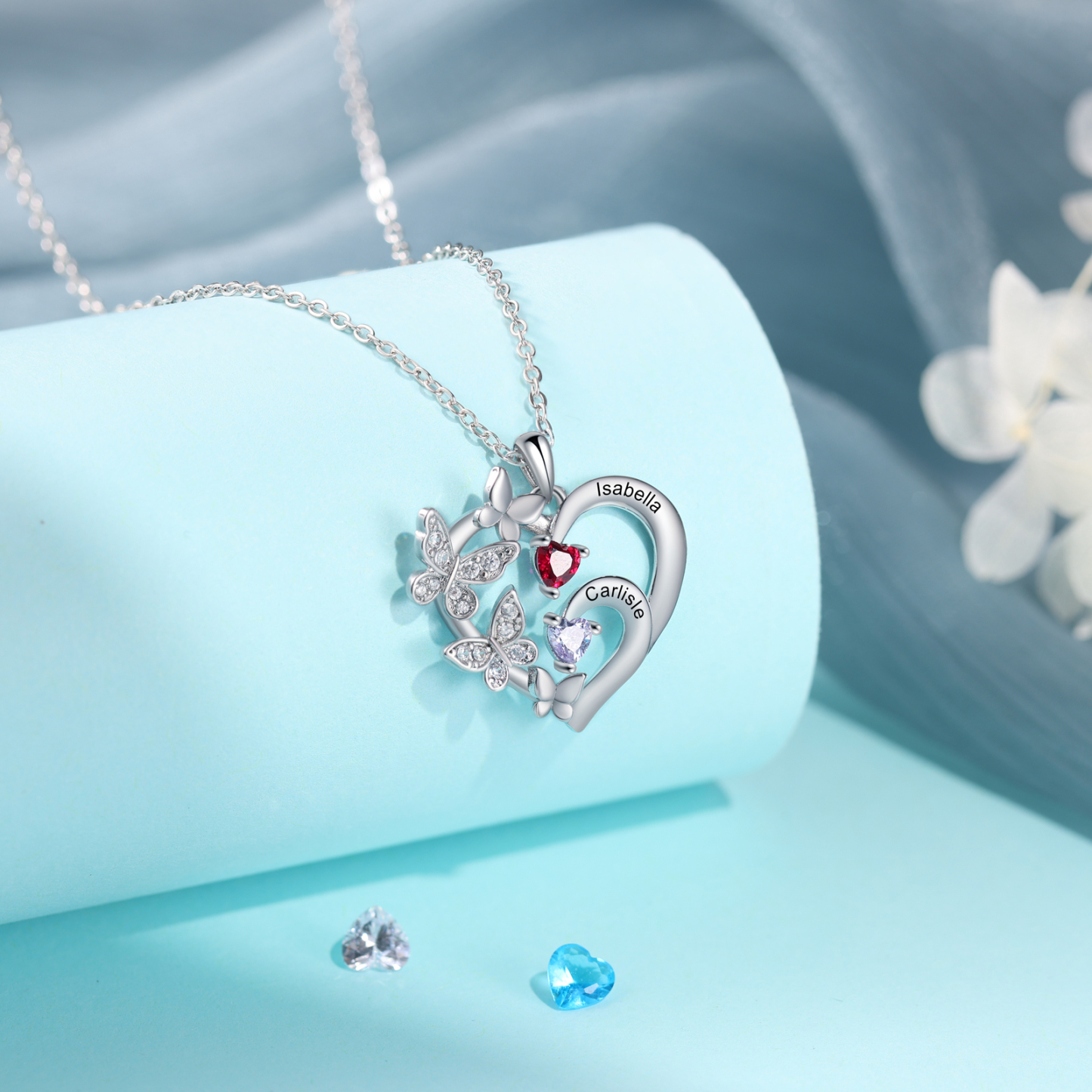 Collier Coeur Personnalisés avec 2 Prénoms et Pierres de Naissance Collier Décoré de Papillons Personnalisable pour Femme｜Jessemade