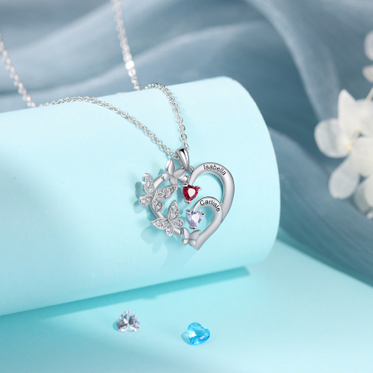 Collier Coeur Personnalisés avec 2 Prénoms et Pierres de Naissance Collier Décoré de Papillons Personnalisable pour Femme｜Jessemade