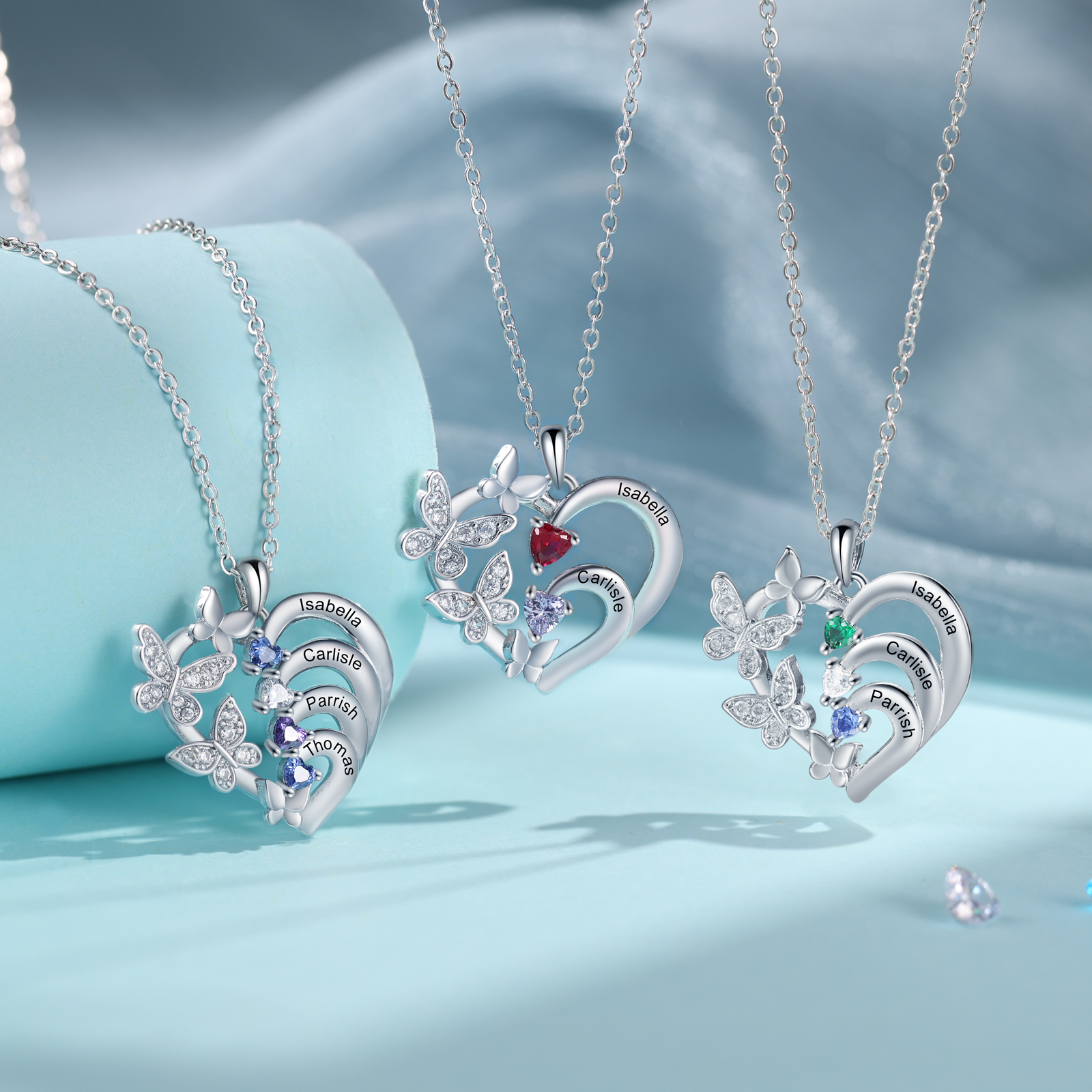 Collier Coeur Personnalisés avec 3 Prénoms et Pierres de Naissance Collier Décoré de Papillons Personnalisable pour Femme｜Jessemade