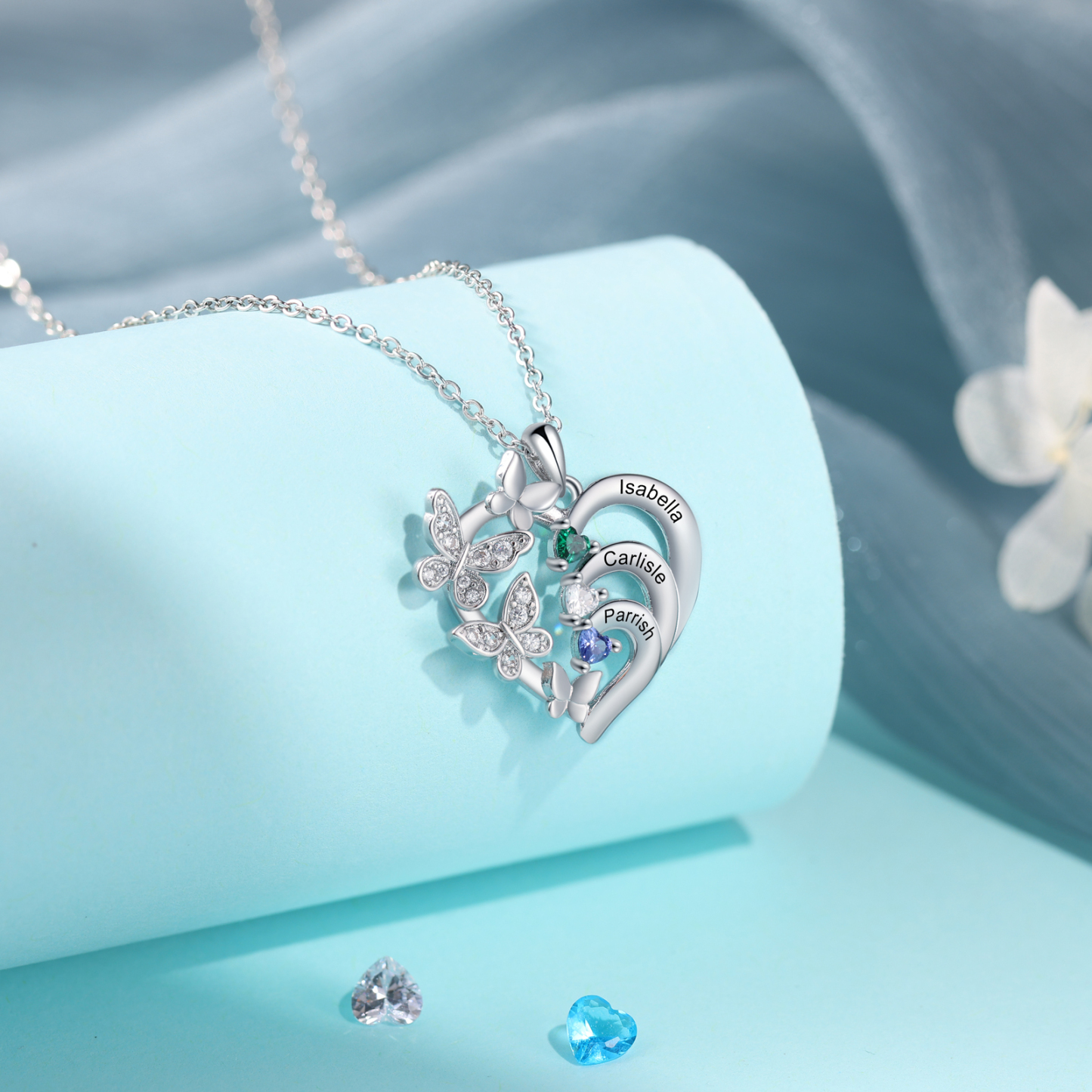 Collier Coeur Personnalisés avec 3 Prénoms et Pierres de Naissance Collier Décoré de Papillons Personnalisable pour Femme|Jessemade