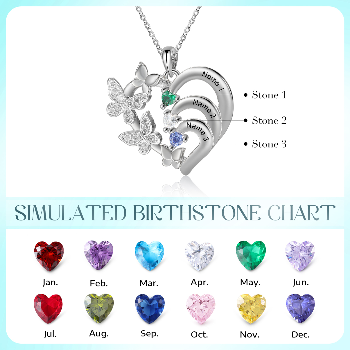 Collier Coeur Personnalisés avec 3 Prénoms et Pierres de Naissance Collier Décoré de Papillons Personnalisable pour Femme|Jessemade