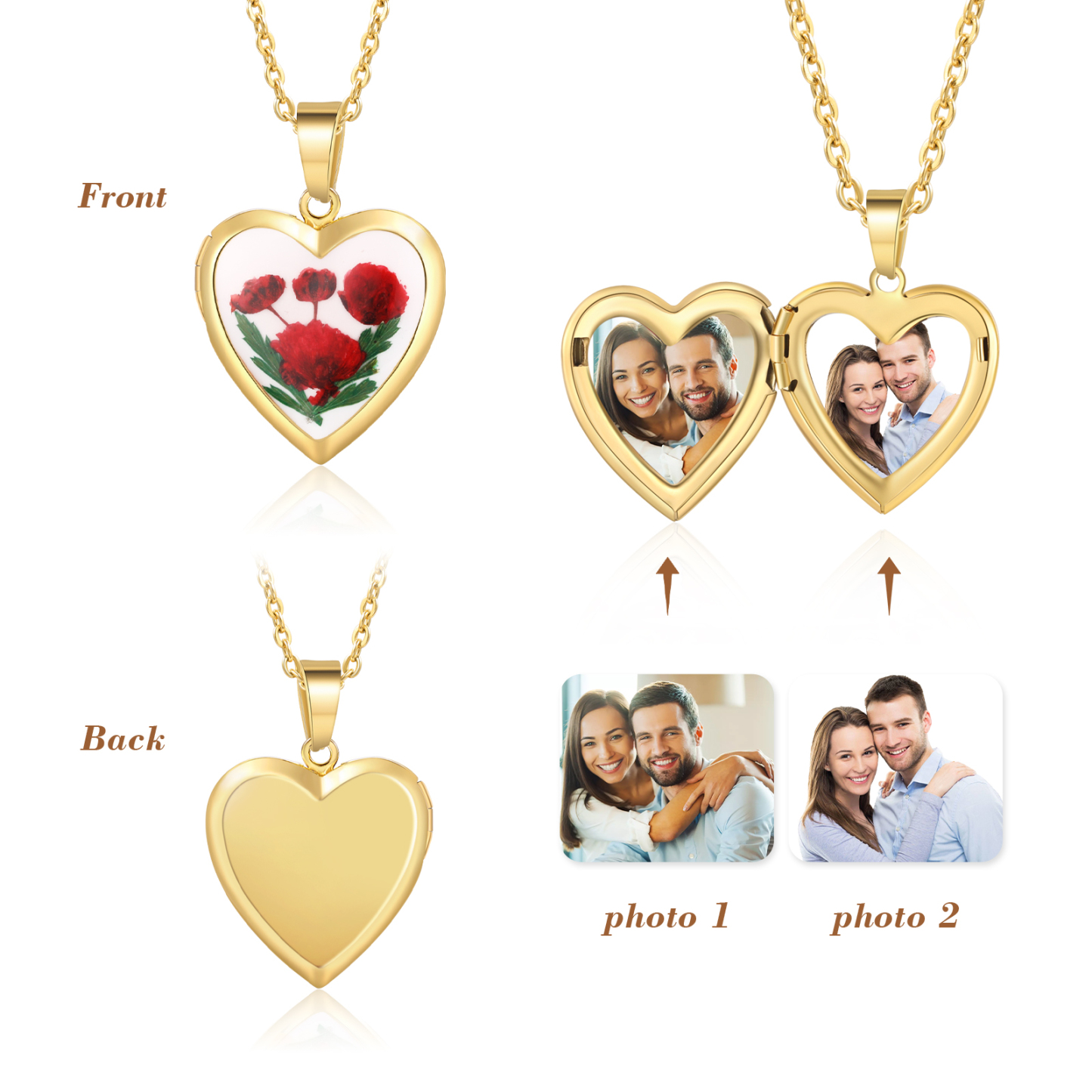 Collier Coeur Personnalisé avec Fleur de Naissance et 2 Photos Collier Personnalisé pour Femme | Jessemade