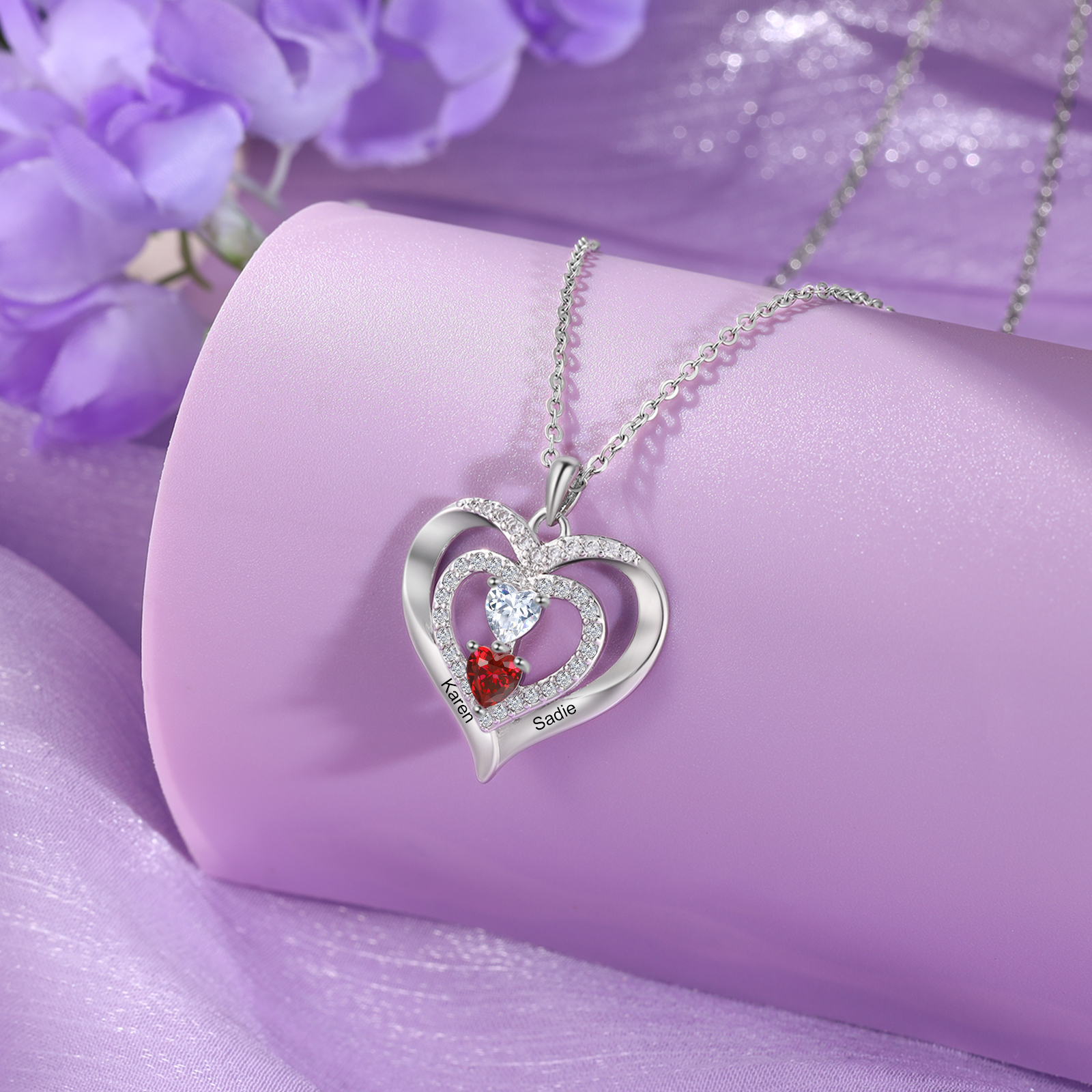 Collier Coeur 2 Prénoms Personnalisés avec 2 Pierres de Naissance Collier Personnalisable pour Femme｜Jessemade