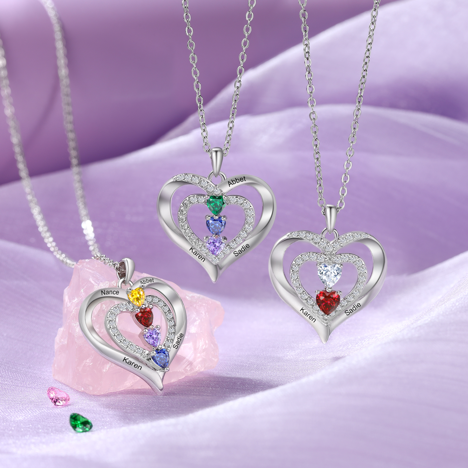 Collier Coeur 3 Prénoms Personnalisés avec 3 Pierres de Naissance Collier Personnalisable pour Femme｜Jessemade