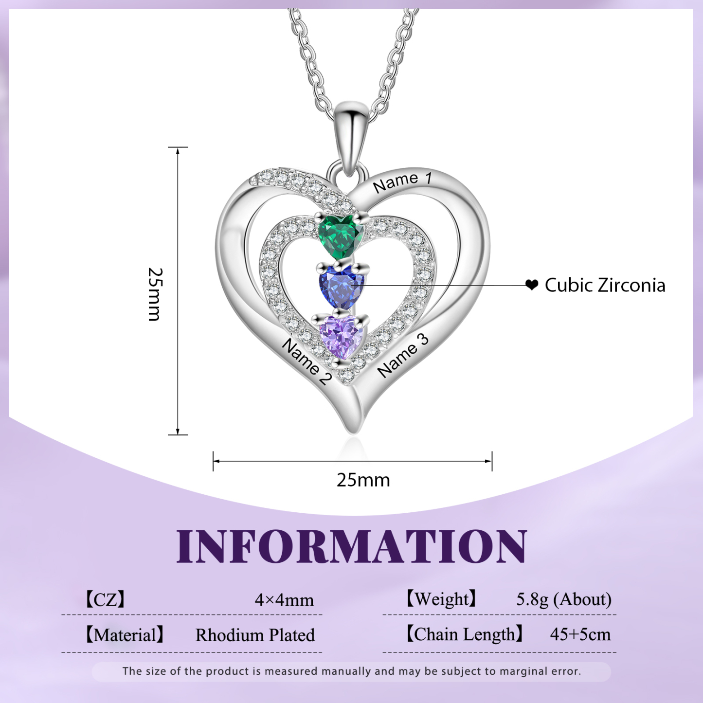 Collier Coeur 3 Prénoms Personnalisés avec 3 Pierres de Naissance Collier Personnalisable pour Femme|Jessemade