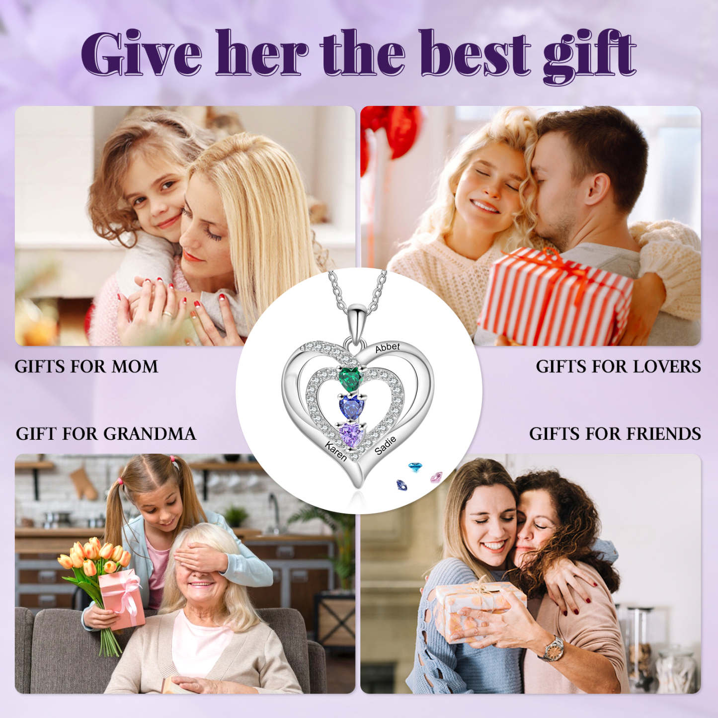 Collier Coeur 3 Prénoms Personnalisés avec 3 Pierres de Naissance Collier Personnalisable pour Femme|Jessemade