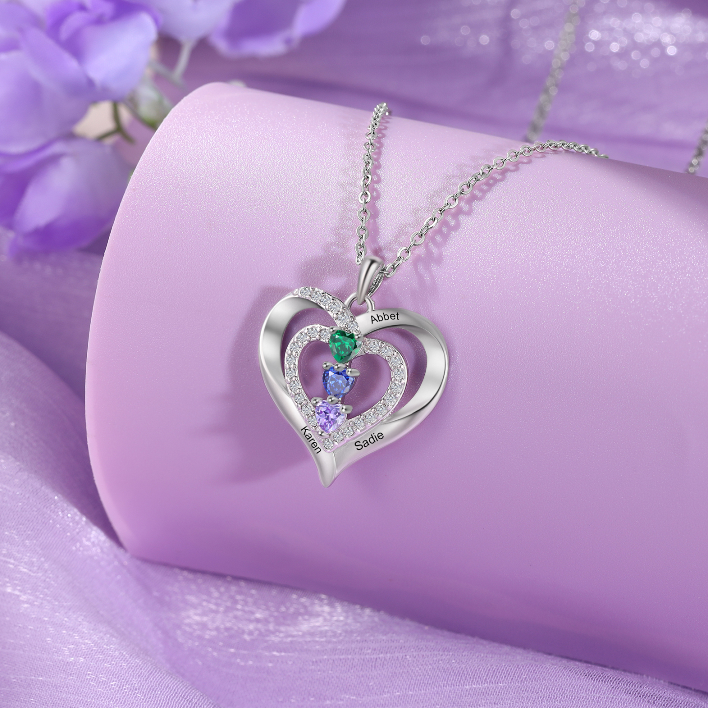 Collier Coeur 3 Prénoms Personnalisés avec 3 Pierres de Naissance Collier Personnalisable pour Femme|Jessemade