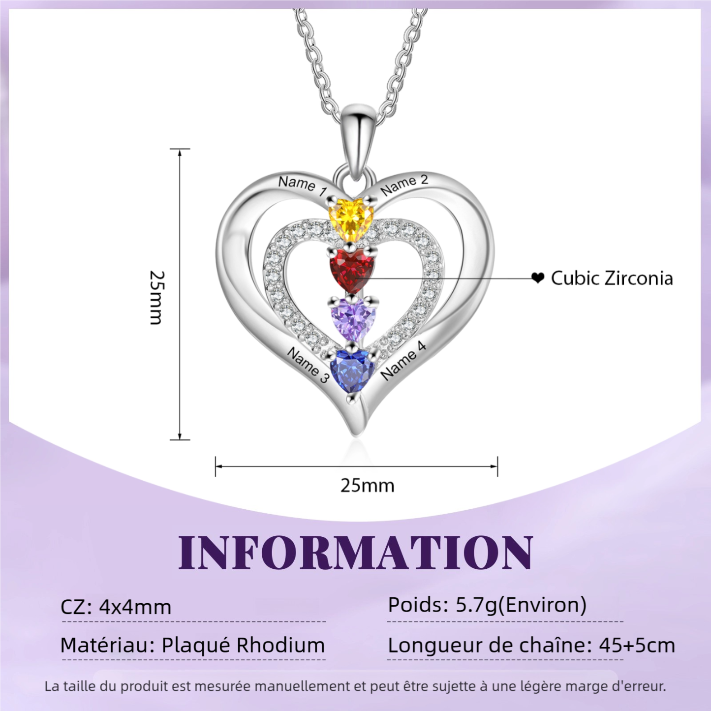 Collier Coeur 2-4 Prénoms Personnalisés avec Pierres de Naissance Collier Personnalisable pour Femme｜Jessemade
