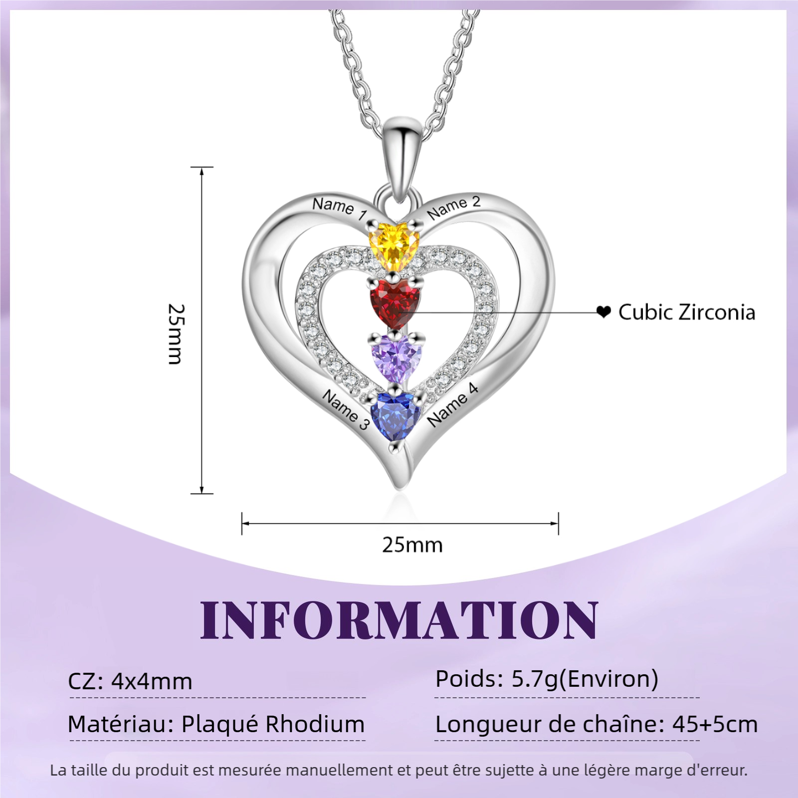 Collier Coeur 2-4 Prénoms Personnalisés avec Pierres de Naissance Collier Personnalisable pour Femme｜Jessemade