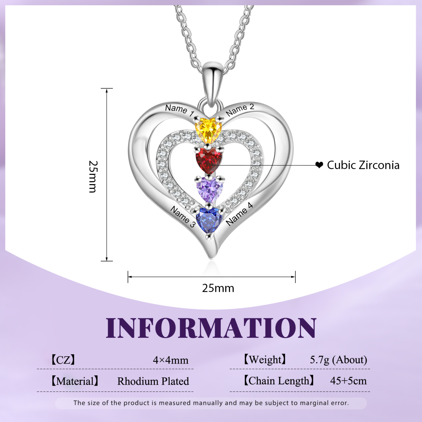 Collier Coeur 4 Prénoms Personnalisés avec 4 Pierres de Naissance Collier Personnalisable pour Femme|Jessemade