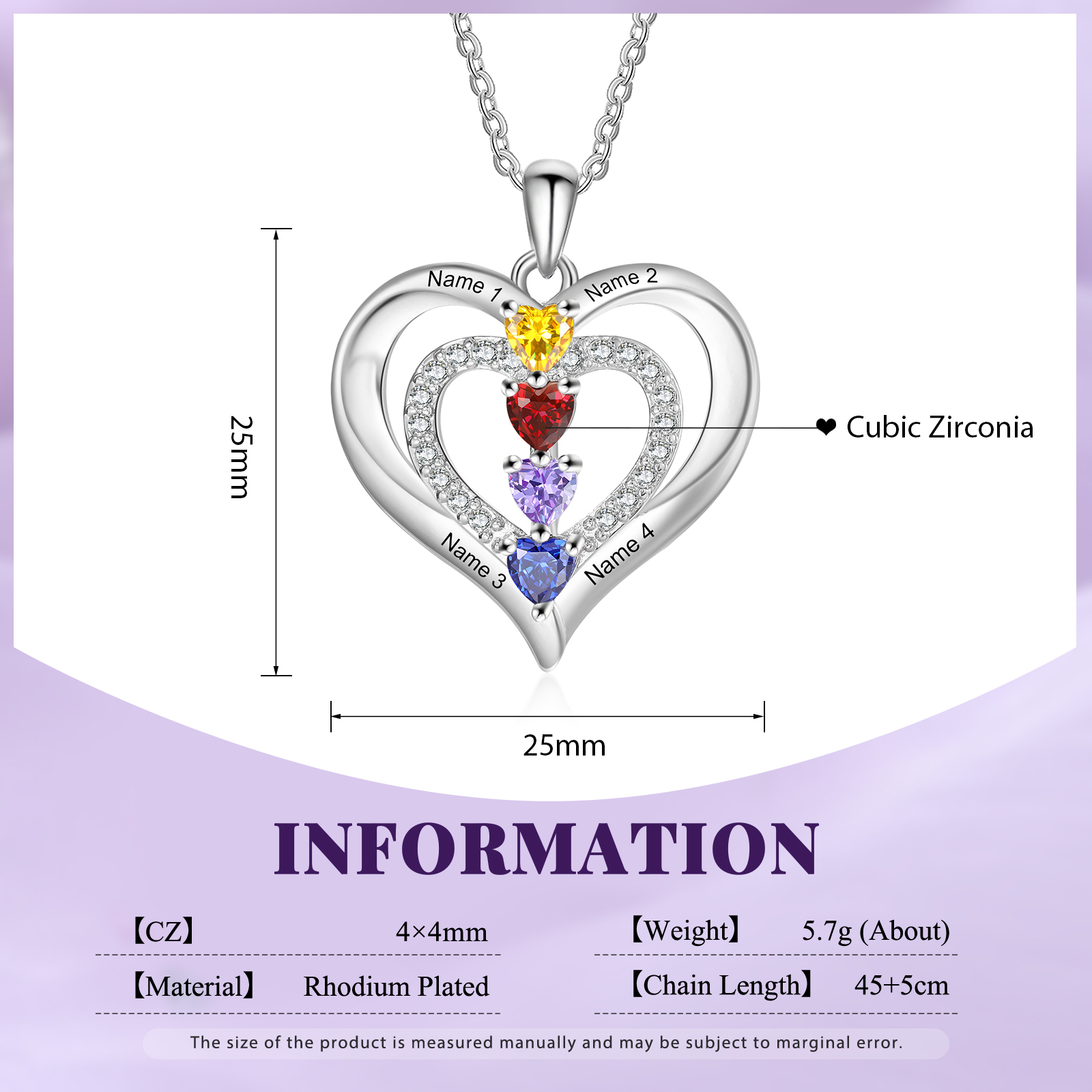 Collier Coeur 4 Prénoms Personnalisés avec 4 Pierres de Naissance Collier Personnalisable pour Femme|Jessemade