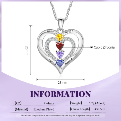 Collier Coeur 4 Prénoms Personnalisés avec 4 Pierres de Naissance Collier Personnalisable pour Femme｜Jessemade