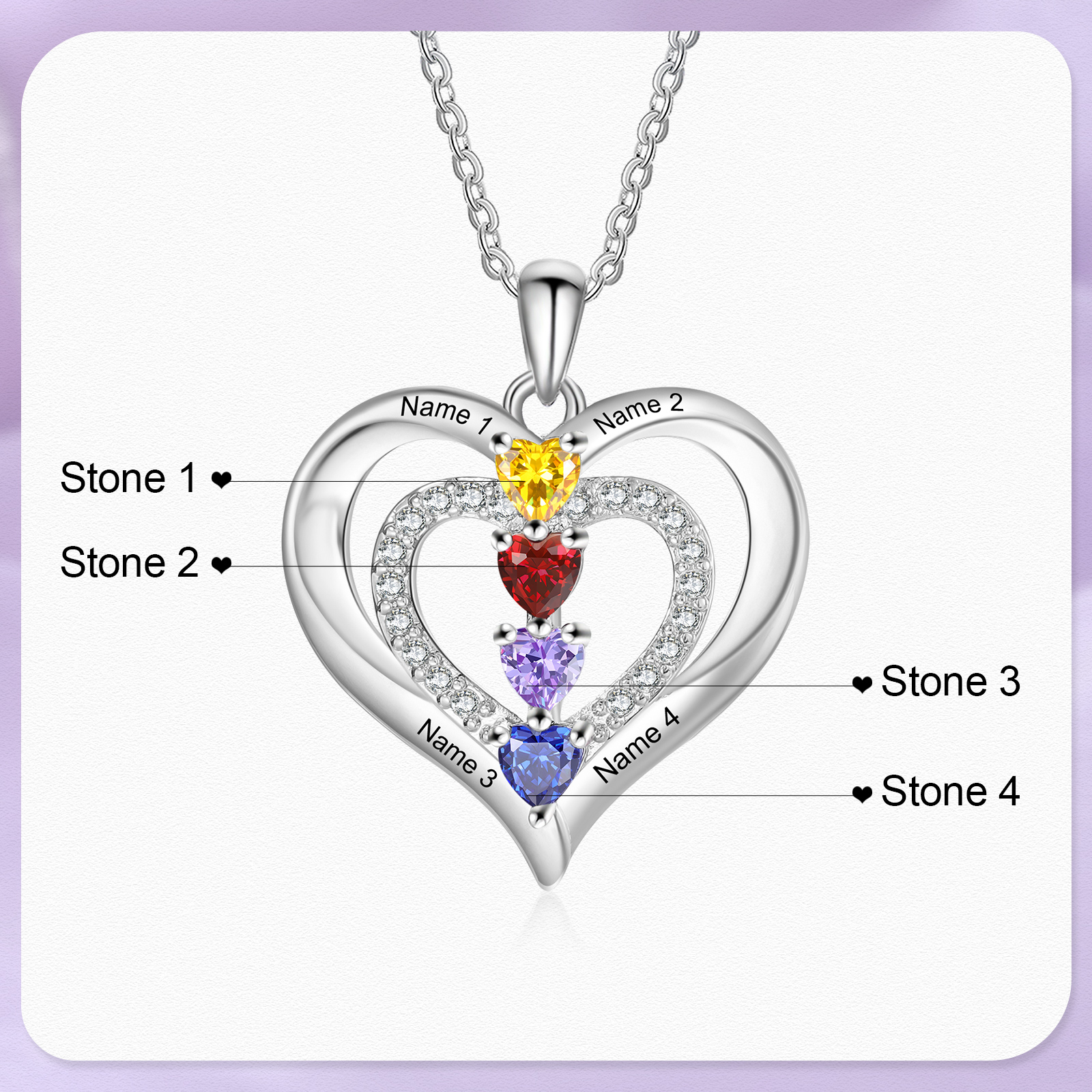 Collier Coeur 4 Prénoms Personnalisés avec 4 Pierres de Naissance Collier Personnalisable pour Femme｜Jessemade