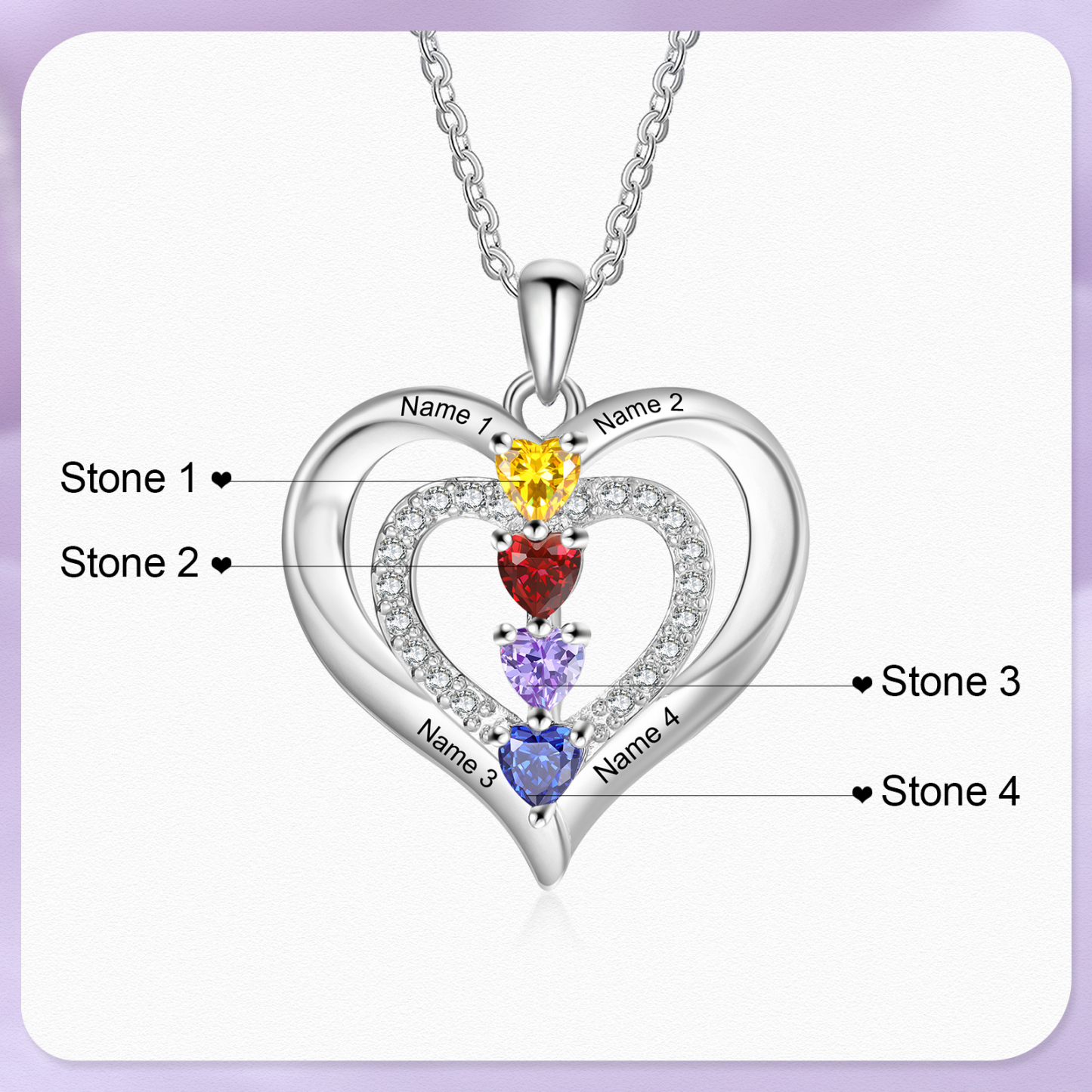 Collier Coeur 4 Prénoms Personnalisés avec 4 Pierres de Naissance Collier Personnalisable pour Femme|Jessemade