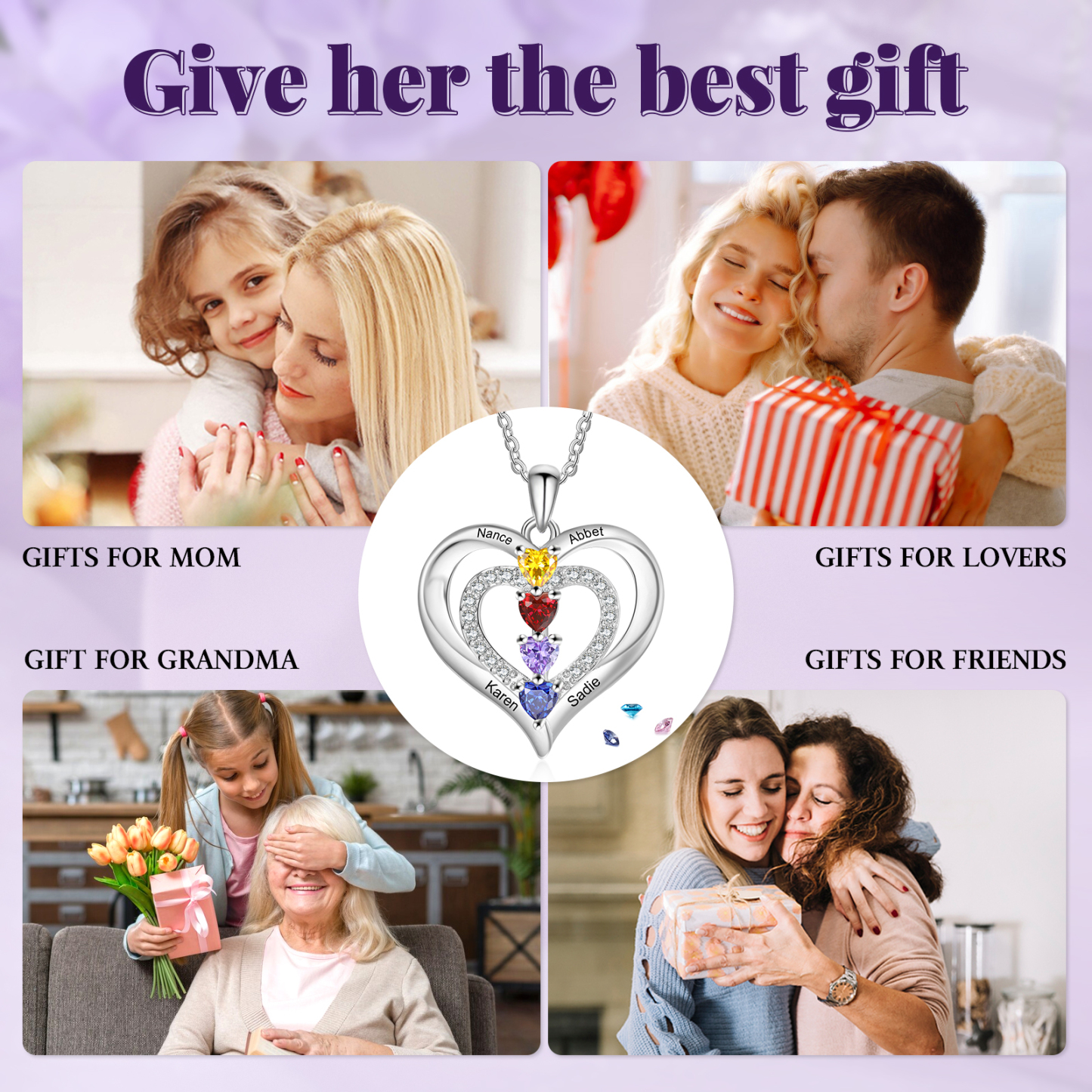 Collier Coeur 4 Prénoms Personnalisés avec 4 Pierres de Naissance Collier Personnalisable pour Femme|Jessemade
