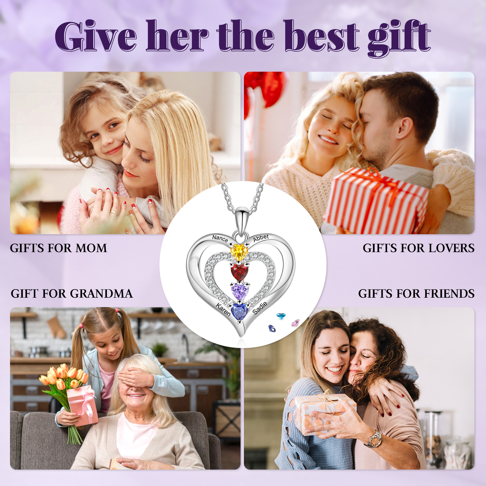 Collier Coeur 4 Prénoms Personnalisés avec 4 Pierres de Naissance Collier Personnalisable pour Femme|Jessemade