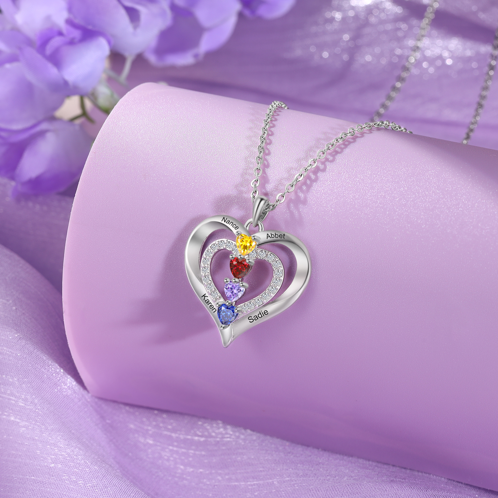 Collier Coeur 4 Prénoms Personnalisés avec 4 Pierres de Naissance Collier Personnalisable pour Femme｜Jessemade
