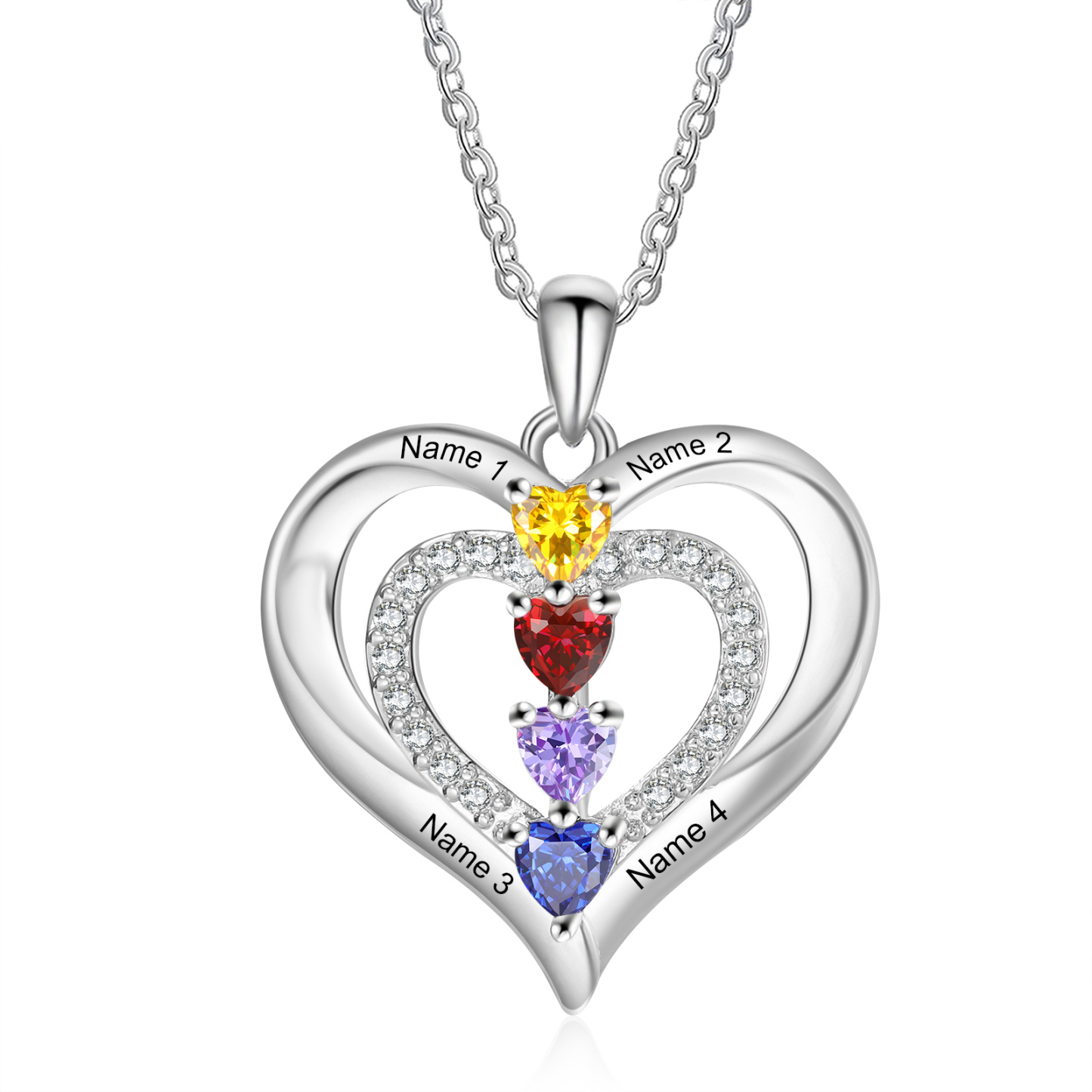 Collier Coeur 4 Prénoms Personnalisés avec 4 Pierres de Naissance Collier Personnalisable pour Femme|Jessemade