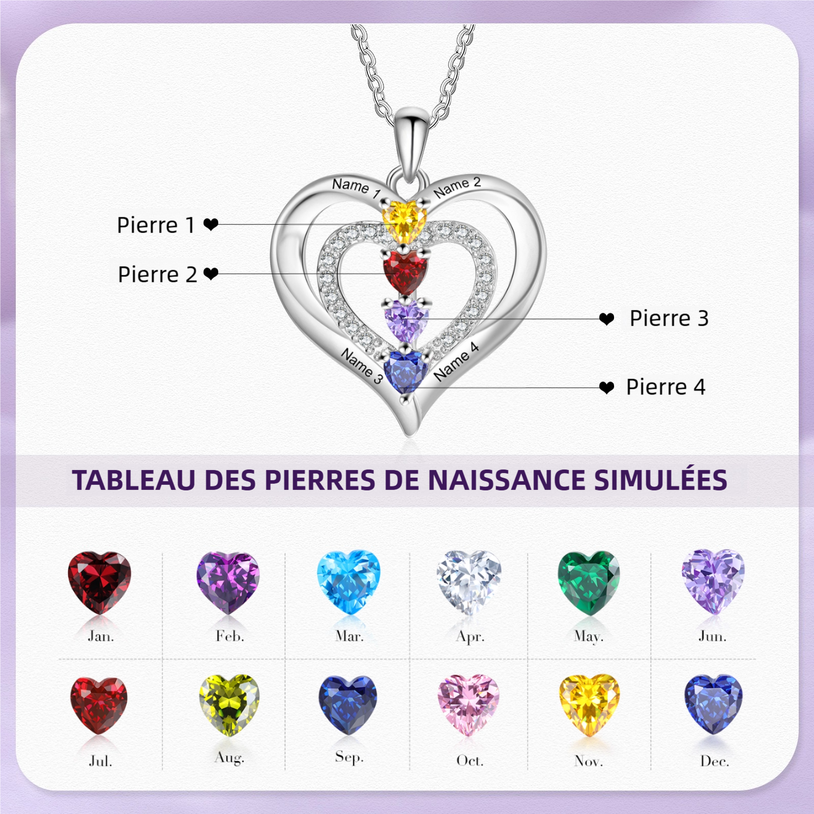 Collier Coeur 2-4 Prénoms Personnalisés avec Pierres de Naissance Collier Personnalisable pour Femme｜Jessemade