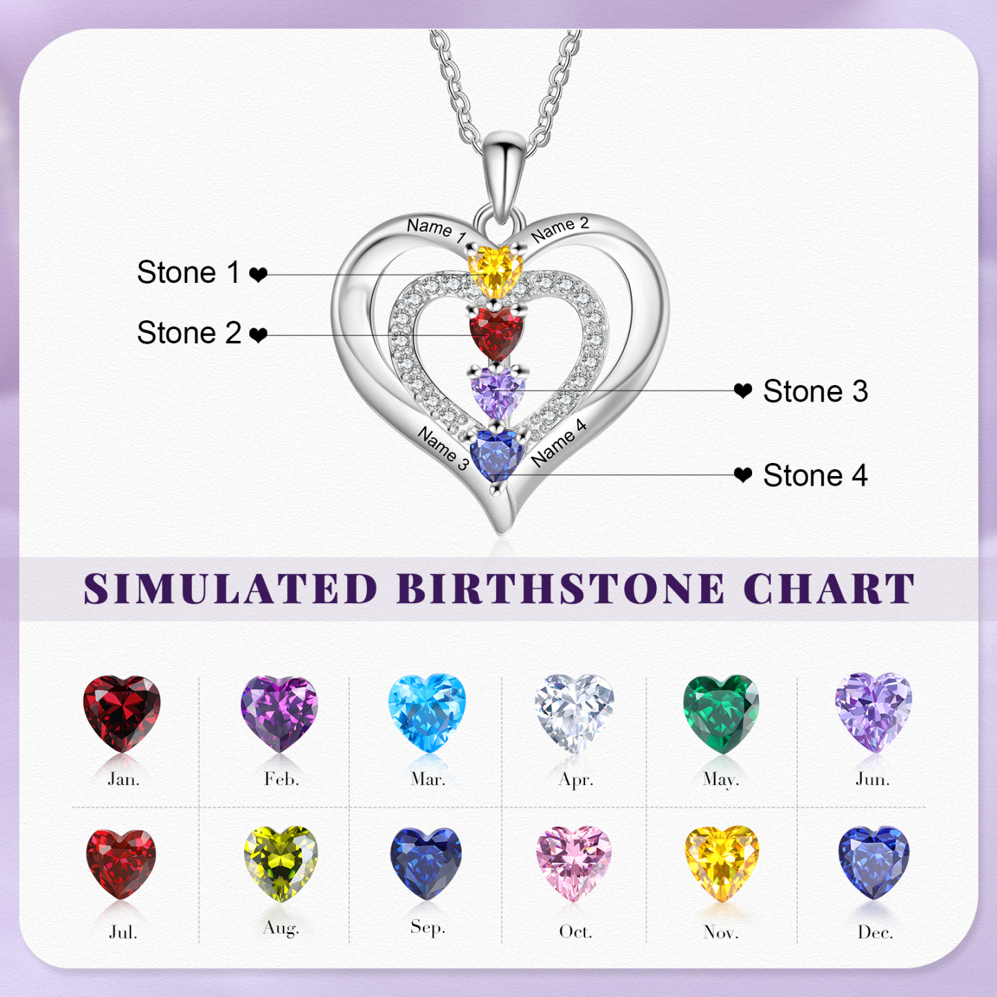 Collier Coeur 4 Prénoms Personnalisés avec 4 Pierres de Naissance Collier Personnalisable pour Femme|Jessemade