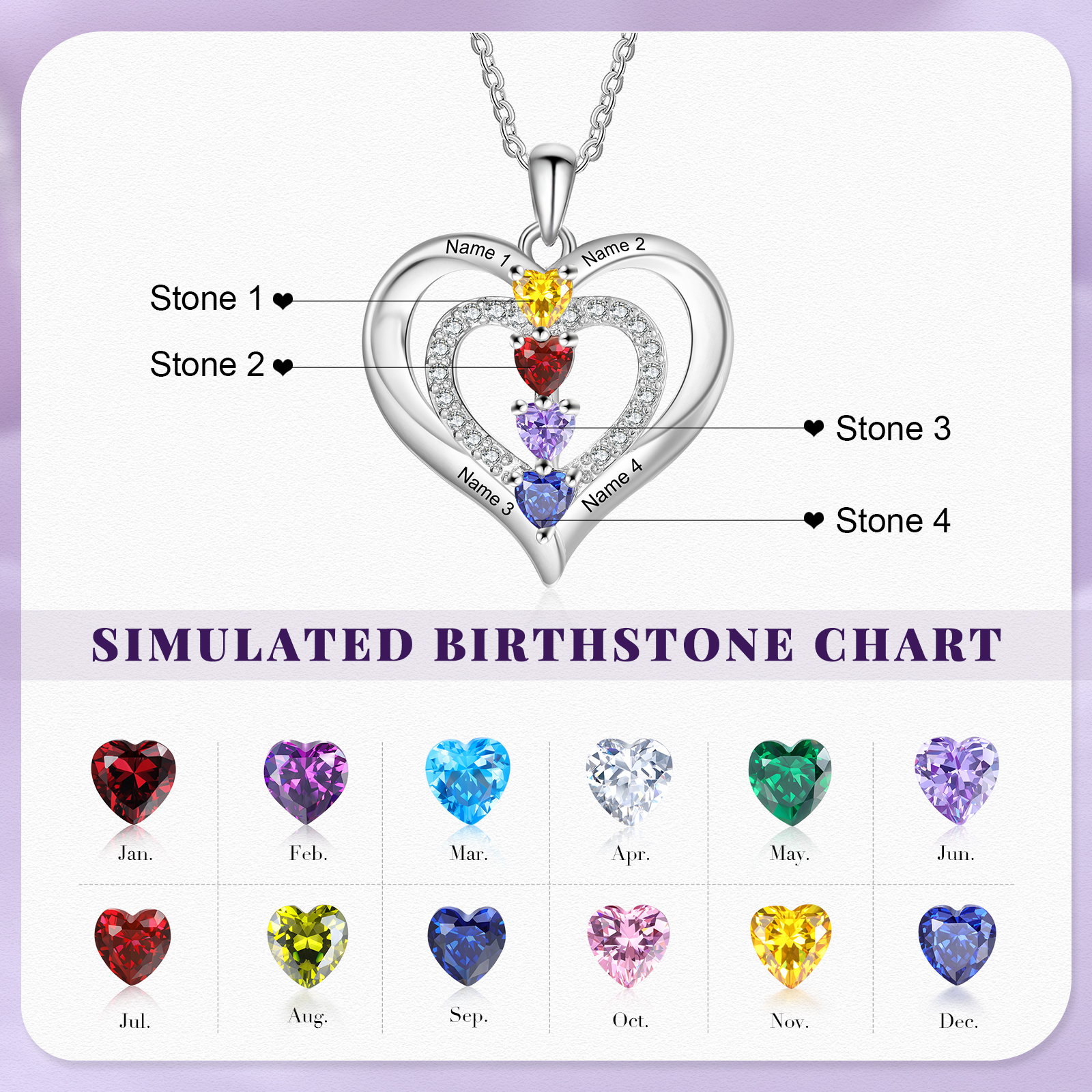 Collier Coeur 4 Prénoms Personnalisés avec 4 Pierres de Naissance Collier Personnalisable pour Femme|Jessemade