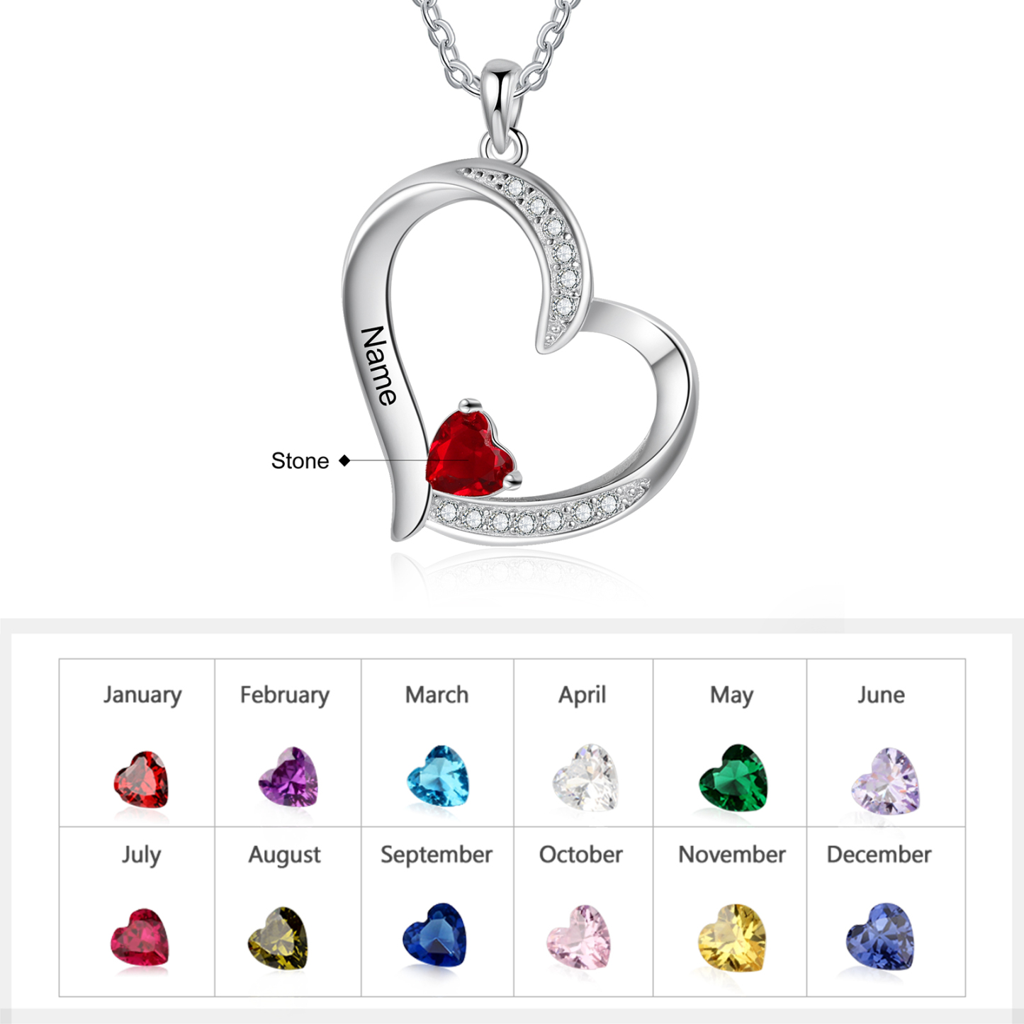 Collier Coeur En Argent S925 Personnalisé avec 1 Prénom et 1 Pierre de Naissance Collier Personnalisable pour Femme|Jessemade