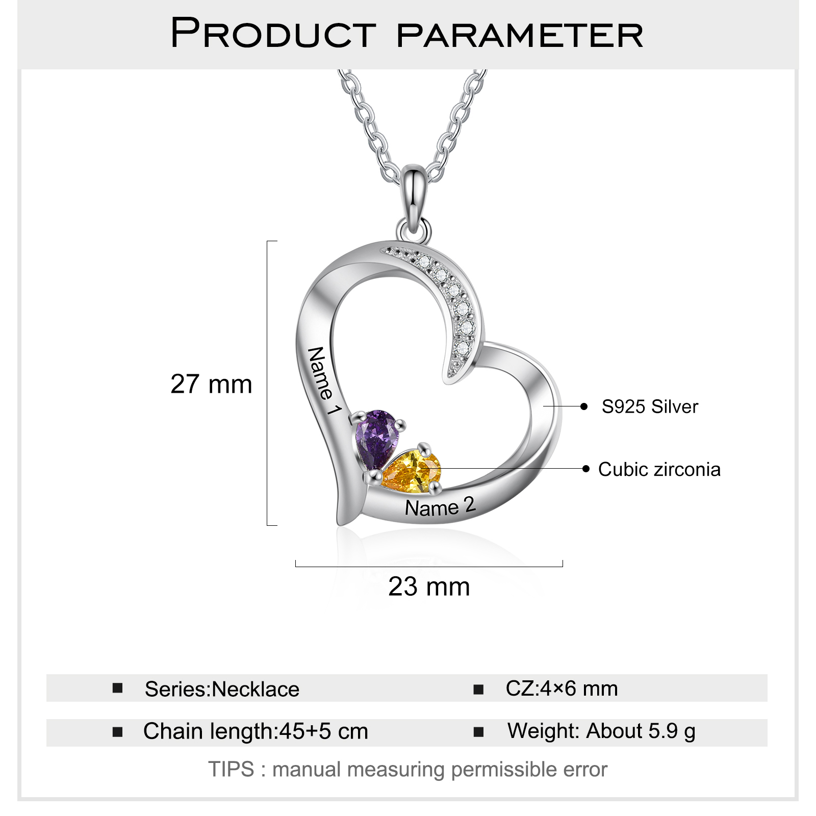 Collier Coeur En Argent S925 Personnalisé avec 2 Prénoms et 2 Pierres de Naissance Collier Personnalisable pour Femme｜Jessemade