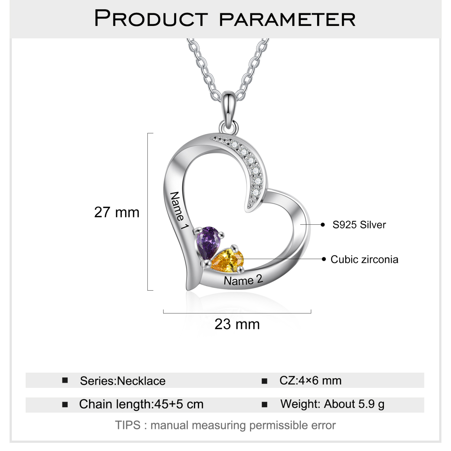 Collier Coeur En Argent S925 Personnalisé avec 2 Prénoms et 2 Pierres de Naissance Collier Personnalisable pour Femme｜Jessemade