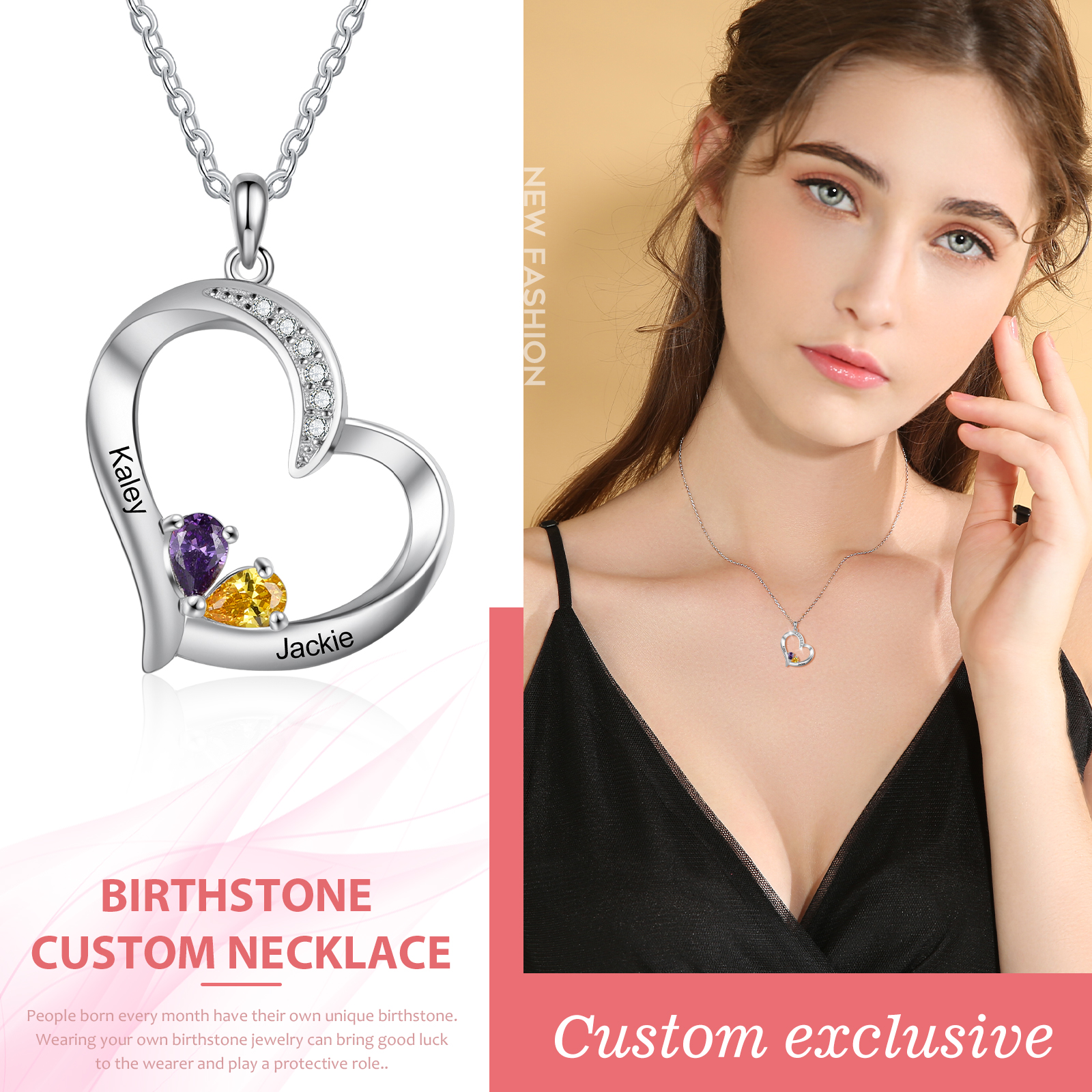 Collier Coeur En Argent S925 Personnalisé avec 2 Prénoms et 2 Pierres de Naissance Collier Personnalisable pour Femme｜Jessemade