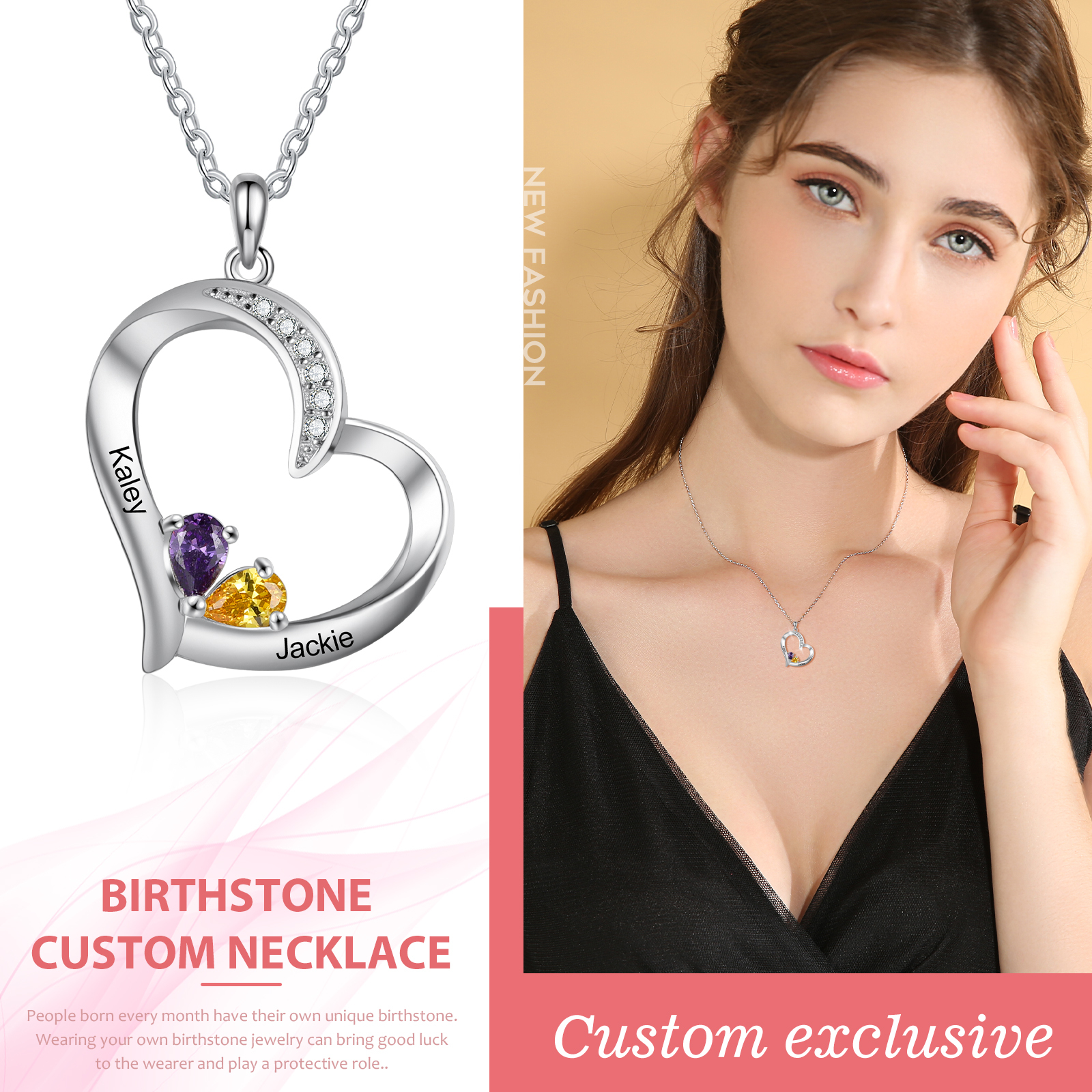 Collier Coeur En Argent S925 Personnalisé avec 2 Prénoms et 2 Pierres de Naissance Collier Personnalisable pour Femme｜Jessemade