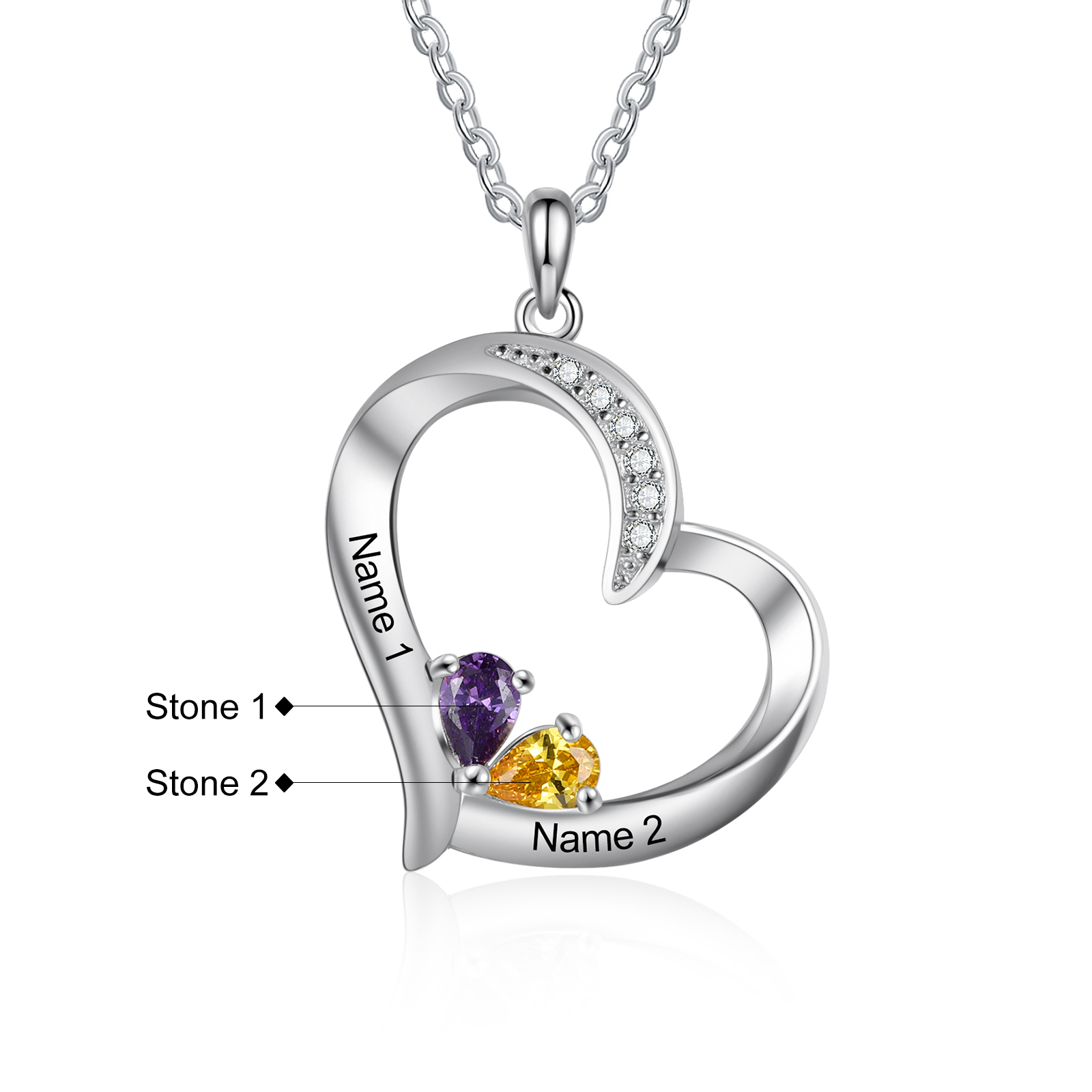 Collier Coeur En Argent S925 Personnalisé avec 2 Prénoms et 2 Pierres de Naissance Collier Personnalisable pour Femme｜Jessemade