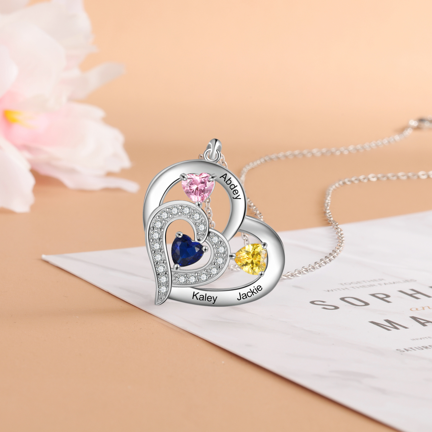 Collier Coeur En Argent S925 Personnalisé avec 3 Prénoms et 3 Pierres de Naissance Collier Personnalisable pour Femme｜Jessemade