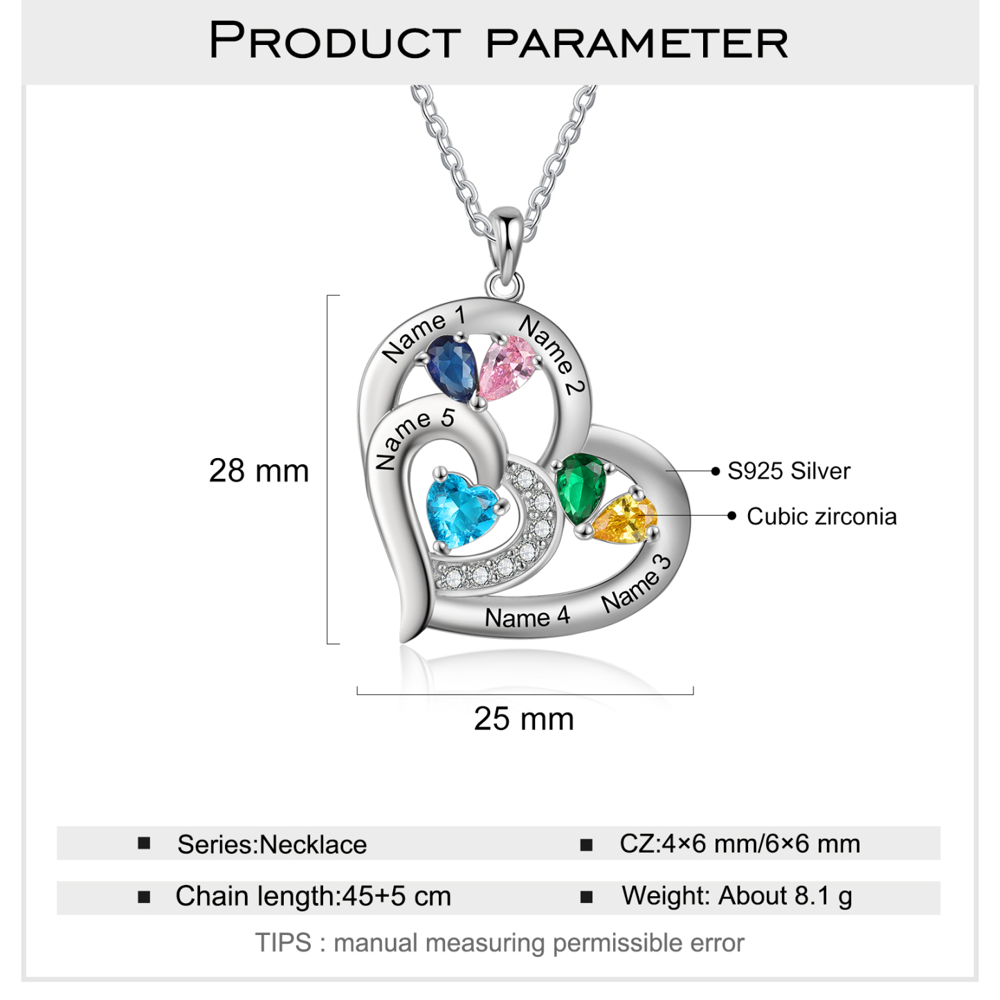 Collier Coeur En Argent S925 Personnalisé avec 5 Prénoms et 5 Pierres de Naissance Collier Personnalisable pour Femme|Jessemade