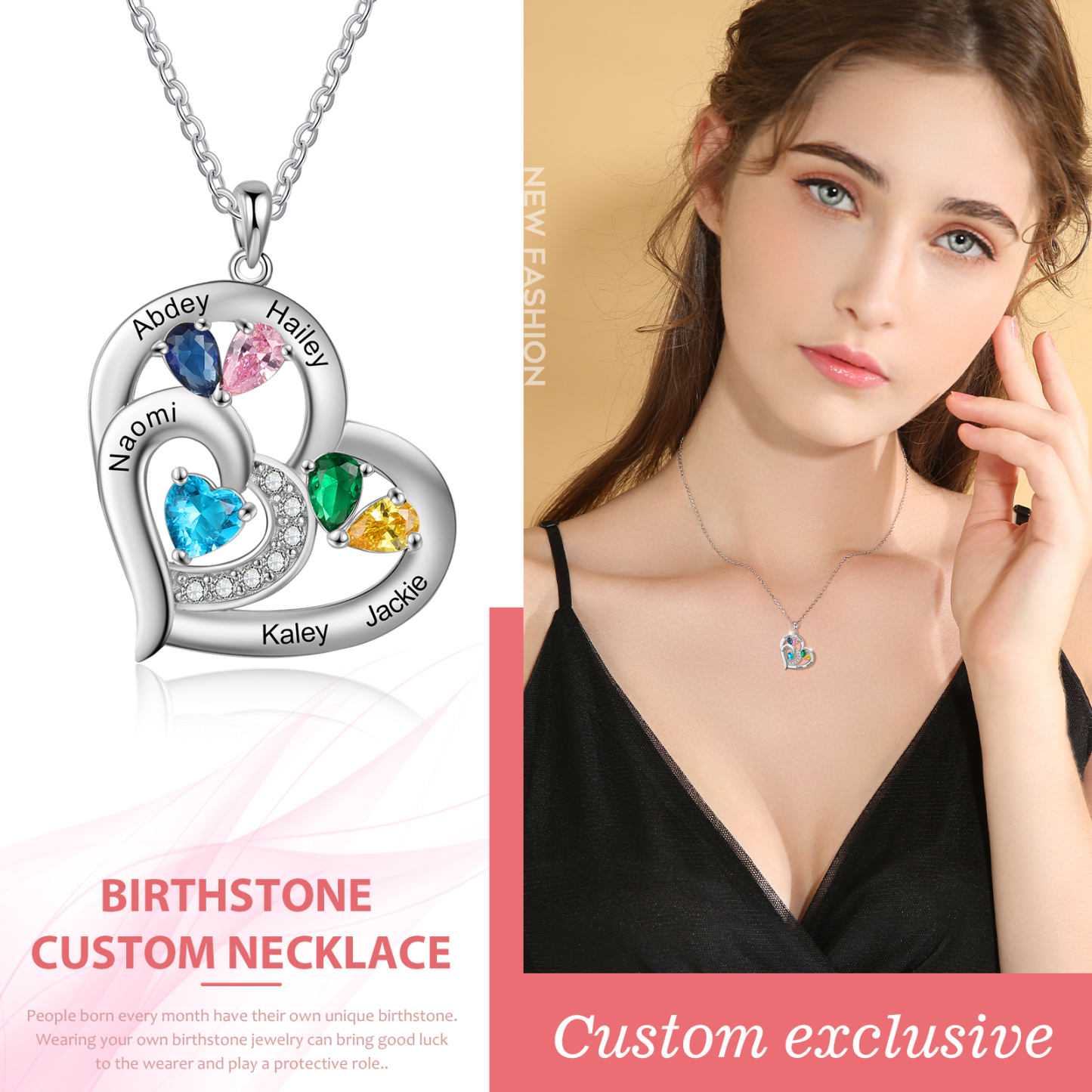Collier Coeur En Argent S925 Personnalisé avec 5 Prénoms et 5 Pierres de Naissance Collier Personnalisable pour Femme|Jessemade