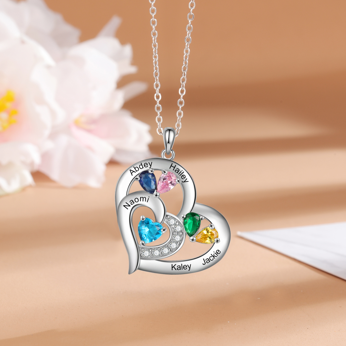 Collier Coeur En Argent S925 Personnalisé avec 5 Prénoms et 5 Pierres de Naissance Collier Personnalisable pour Femme|Jessemade