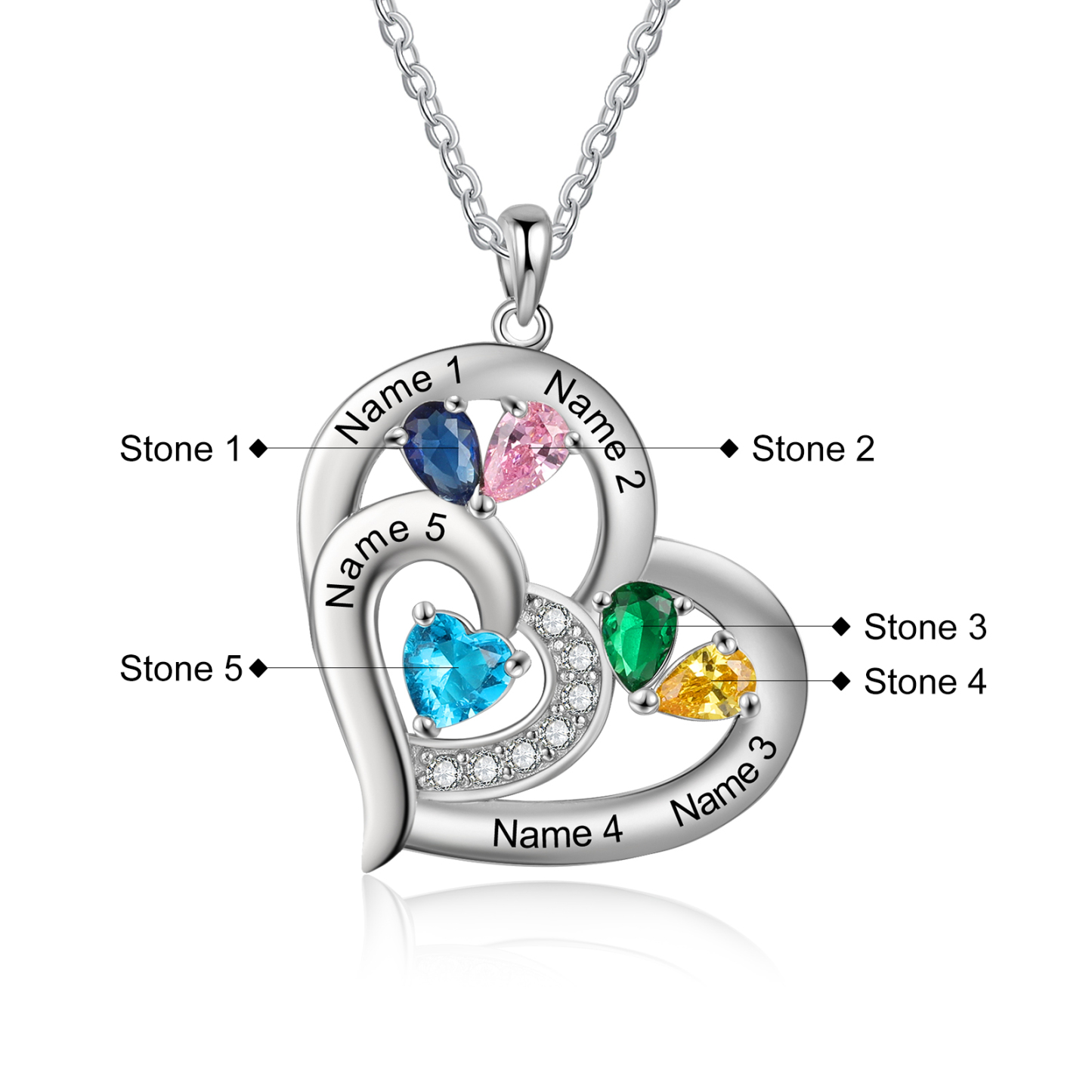 Collier Coeur En Argent S925 Personnalisé avec 5 Prénoms et 5 Pierres de Naissance Collier Personnalisable pour Femme|Jessemade