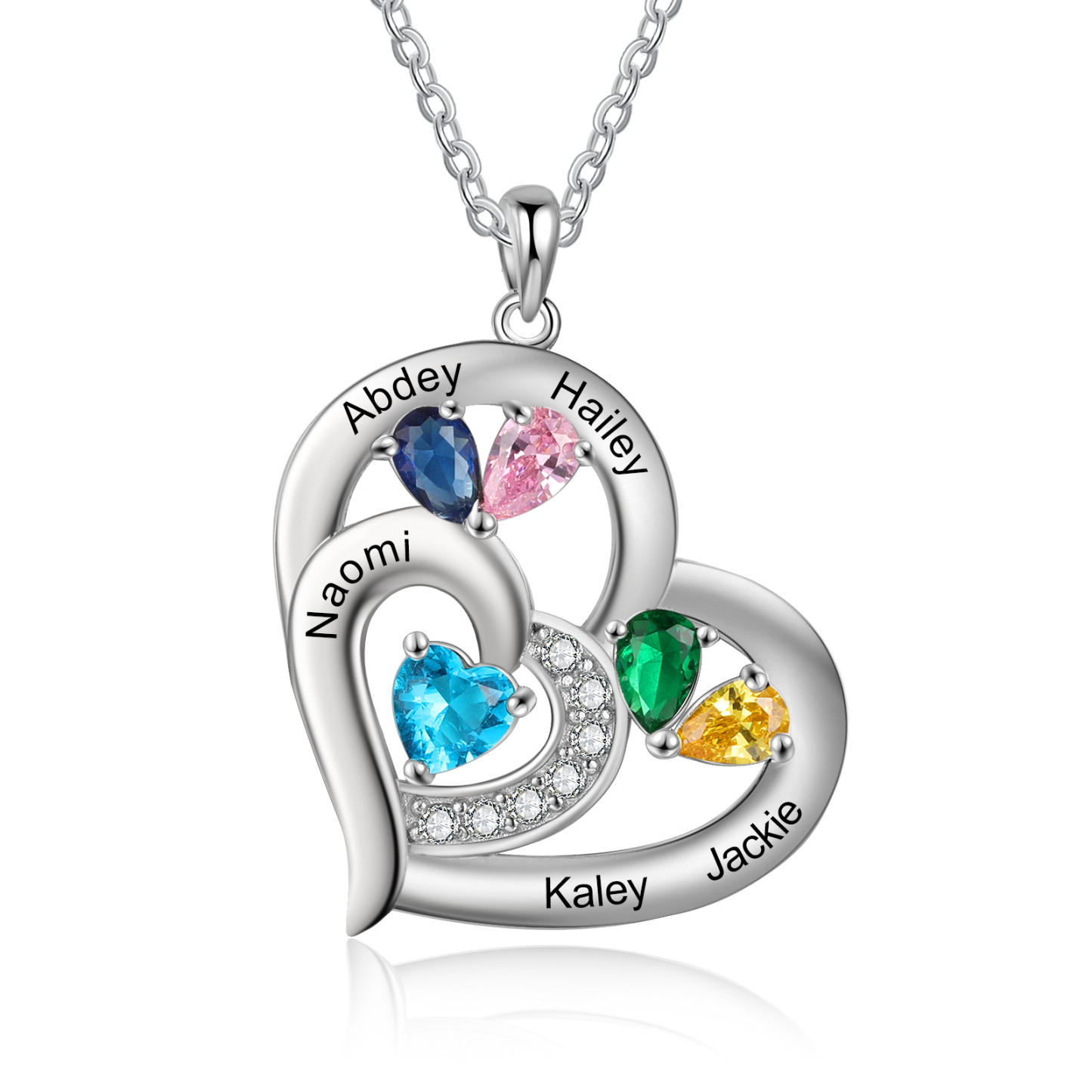 Collier Cœur Personnalisé en Argent 925 avec Noms Gravés et Pierres de Naissance | Jessemade