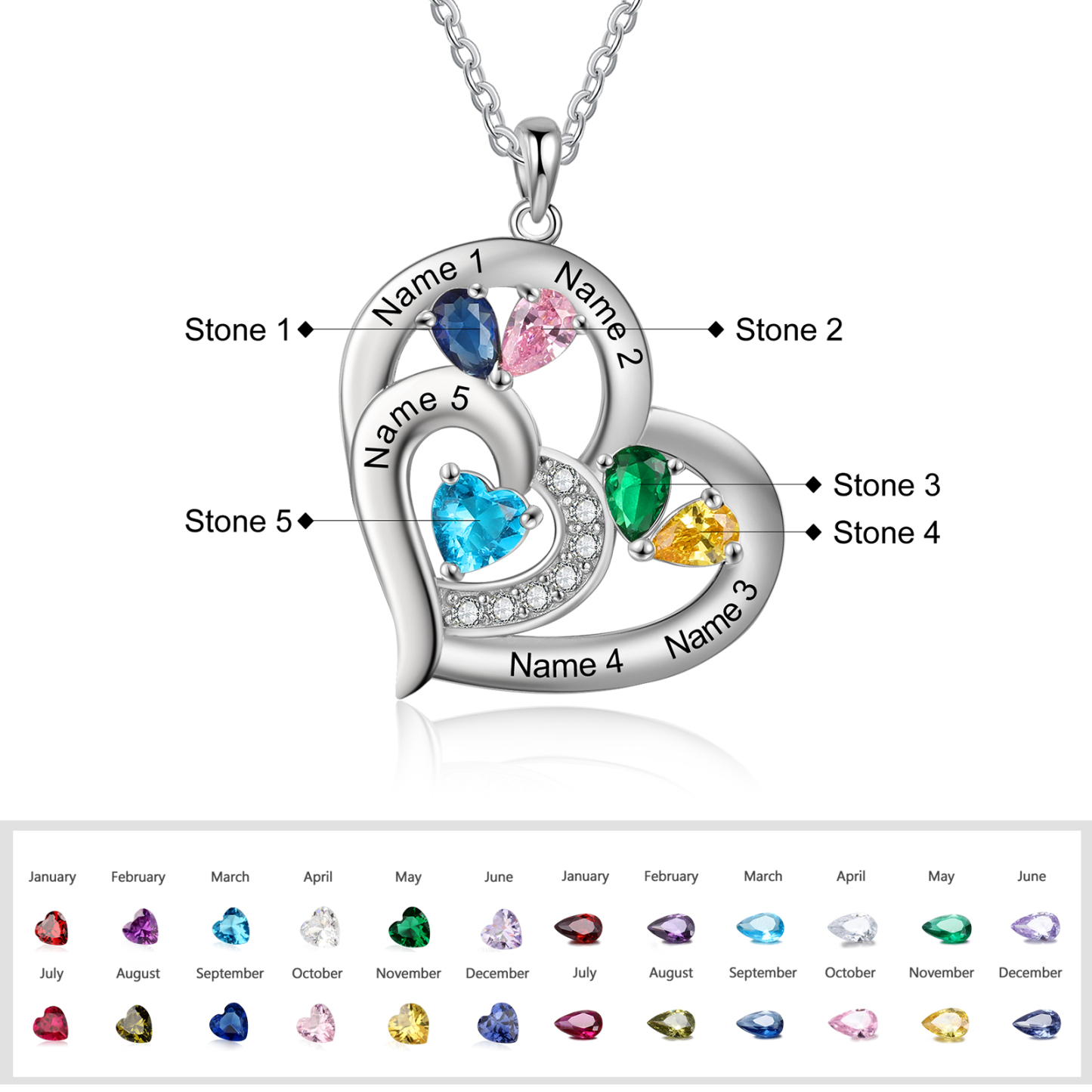 Collier Coeur En Argent S925 Personnalisé avec 5 Prénoms et 5 Pierres de Naissance Collier Personnalisable pour Femme|Jessemade