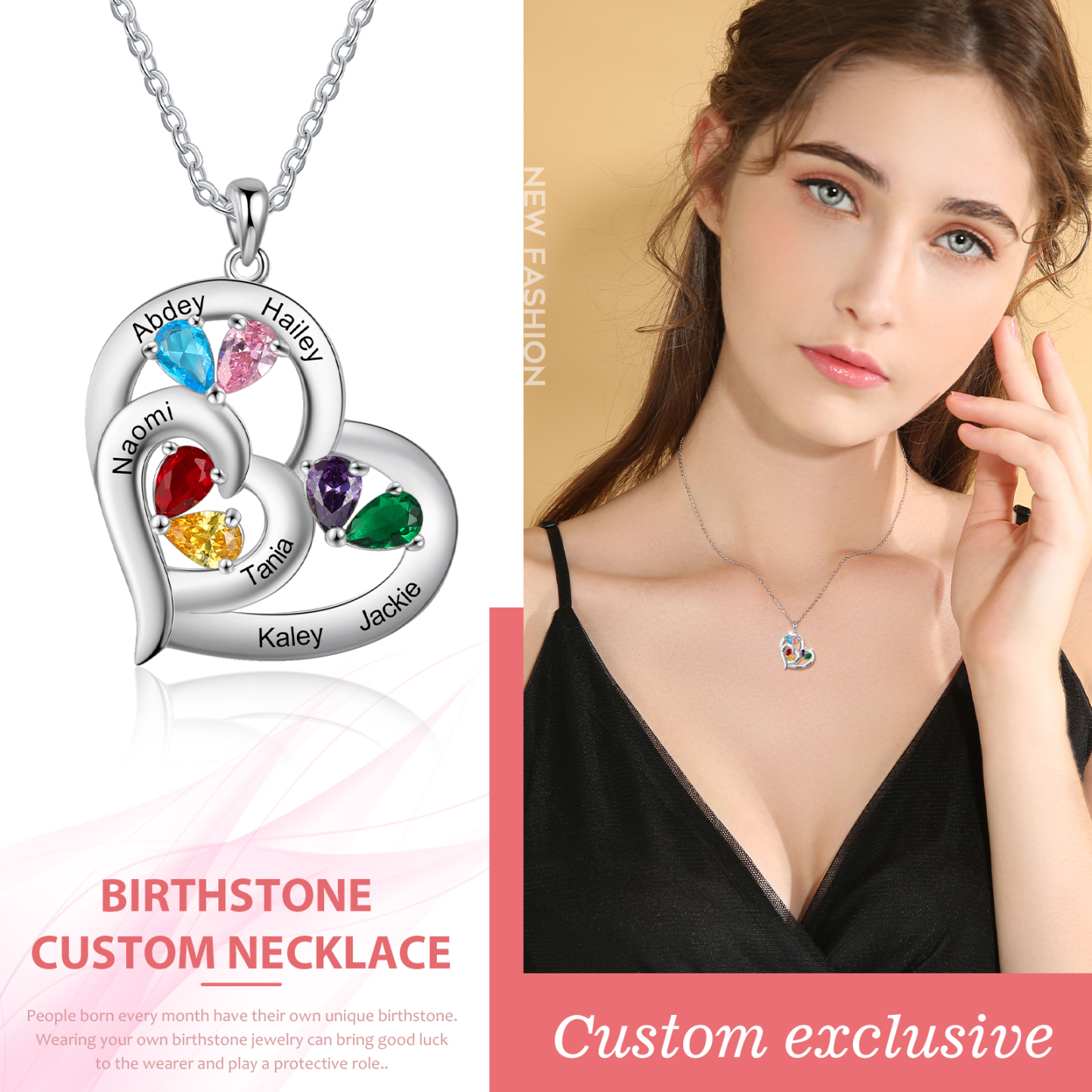 Collier Coeur En Argent S925 Personnalisé avec 6 Prénoms et 6 Pierres de Naissance Collier Personnalisable pour Femme|Jessemade