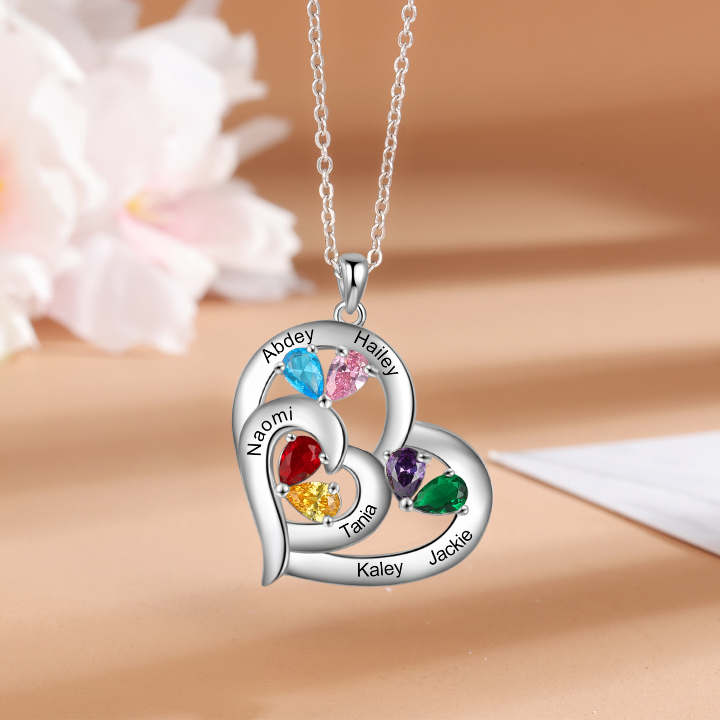 Collier Coeur En Argent S925 Personnalisé avec 6 Prénoms et 6 Pierres de Naissance Collier Personnalisable pour Femme|Jessemade