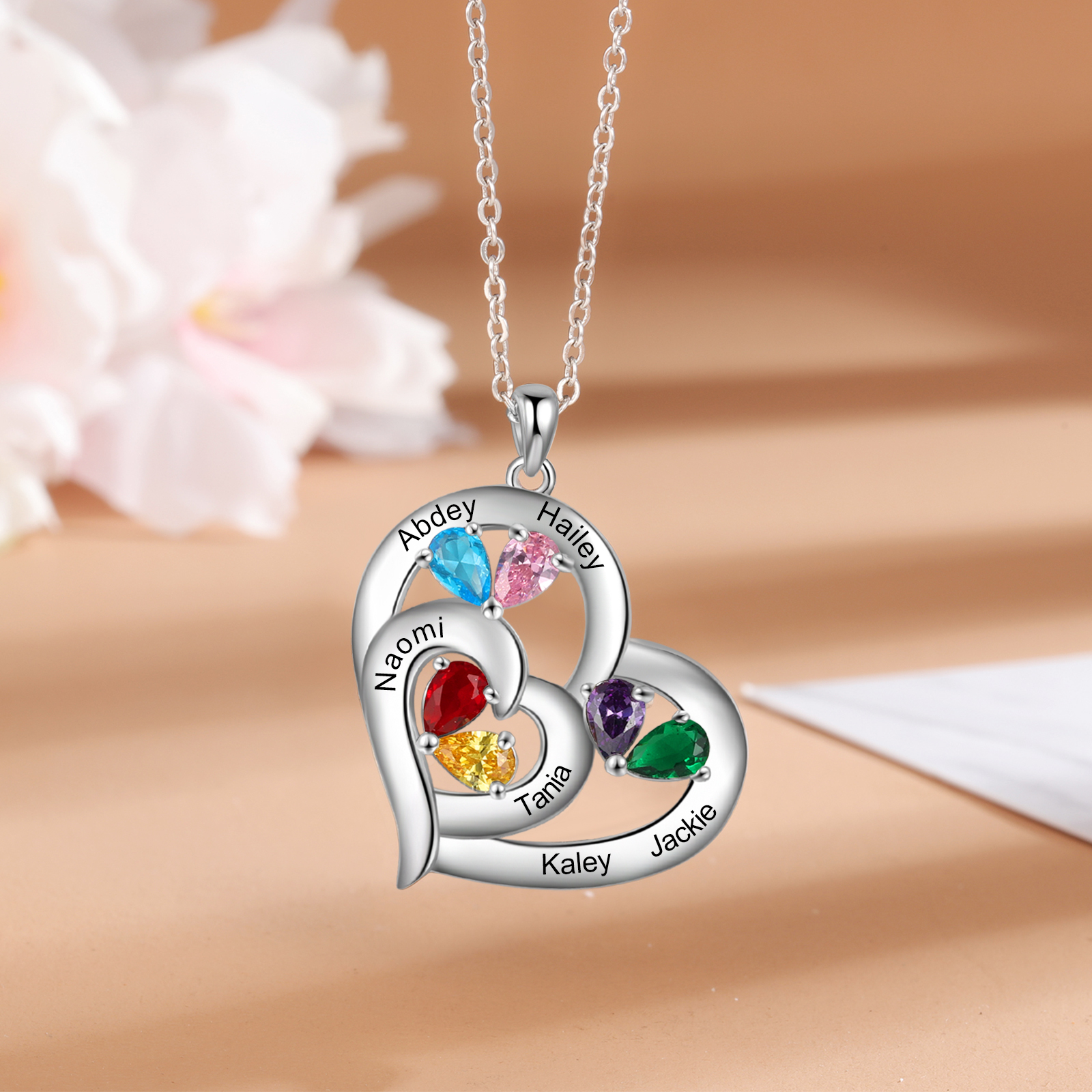 Collier Coeur En Argent S925 Personnalisé avec 6 Prénoms et 6 Pierres de Naissance Collier Personnalisable pour Femme|Jessemade